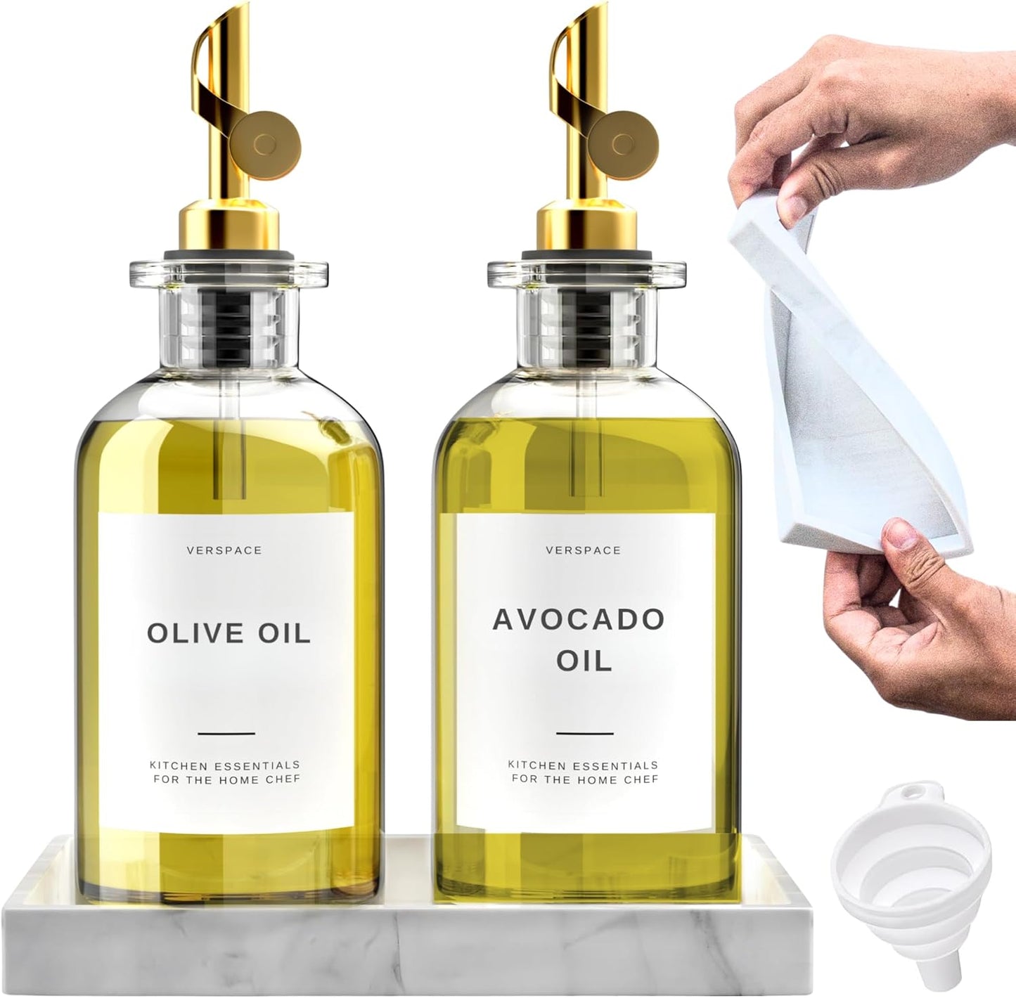 Olive Oil Dispenser Bottle For Kitchen With Silicone Tray & 40 Labels, Soy Sauce Dispenser, Coffee Syrup Dispenser, Olive Oil Bottles Set Of 2, Gold