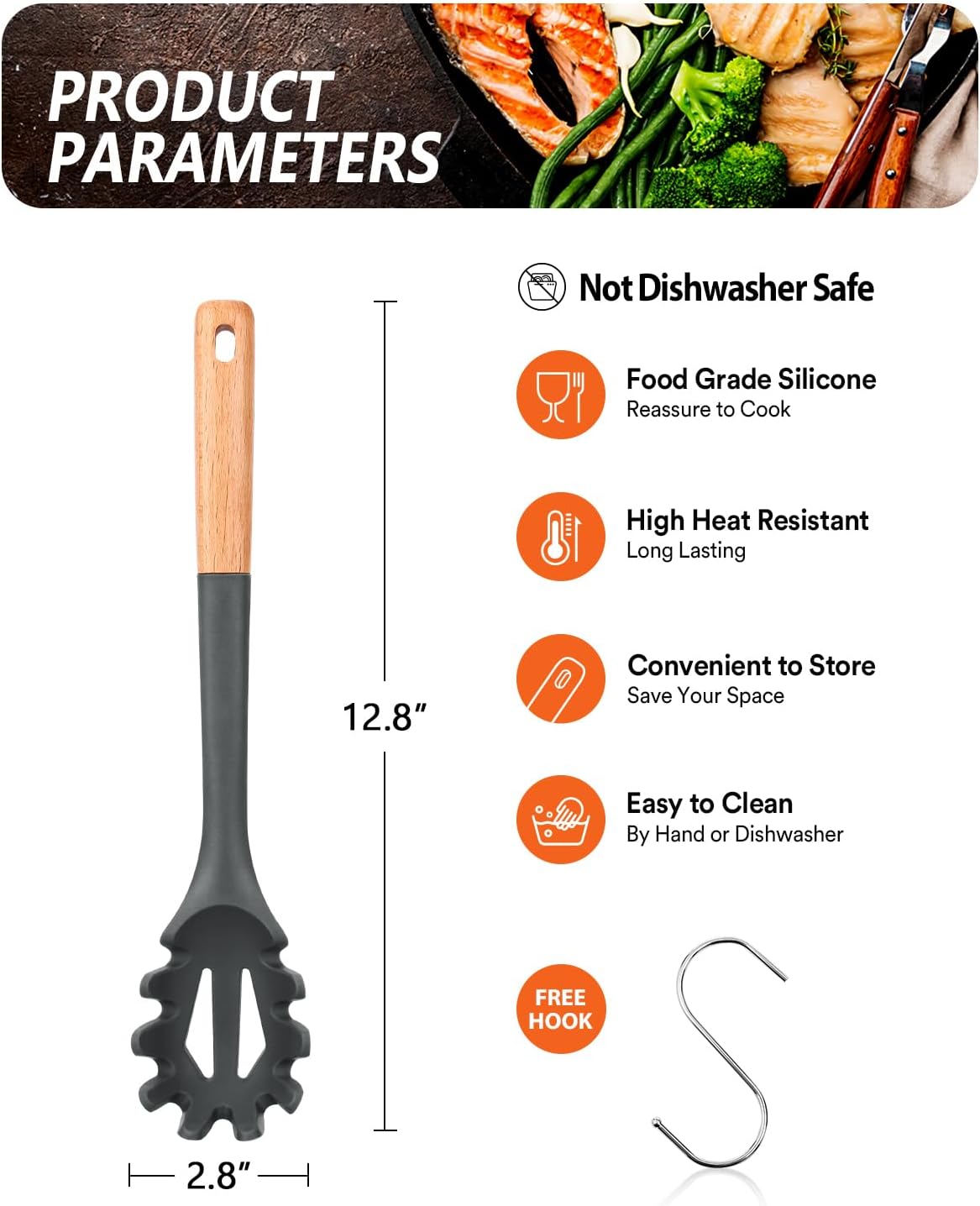 Silicone Pasta Fork, Kitchen Heat Resistant Noodle Spoon Server, BPA Free Spaghetti Strainer,12.8 inch (Black)