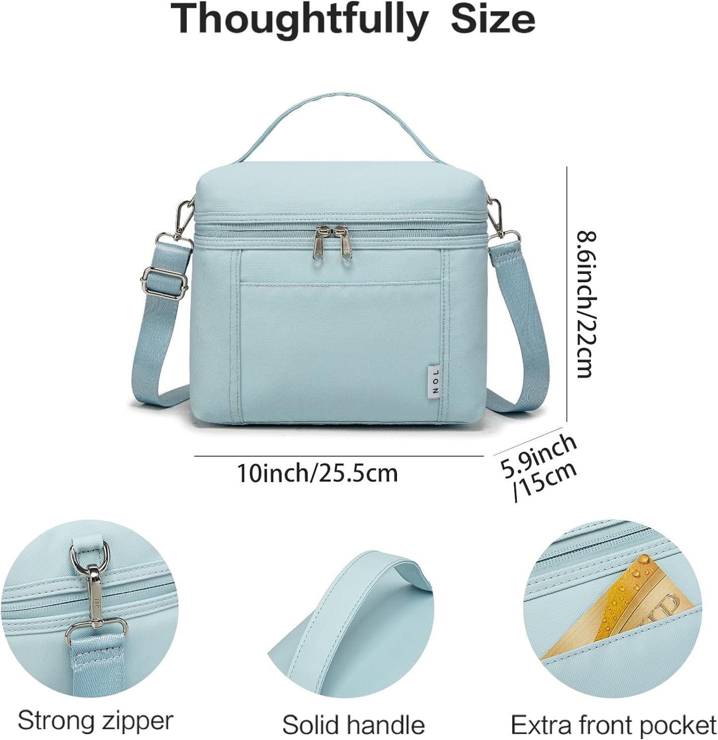 NOL Natural Organic Lifestyle Insulated Lunch Bags for Women Cooler Bag Lightweight Nylon Waterproof Lunch Box For Work (Light blue, Medium(normal))