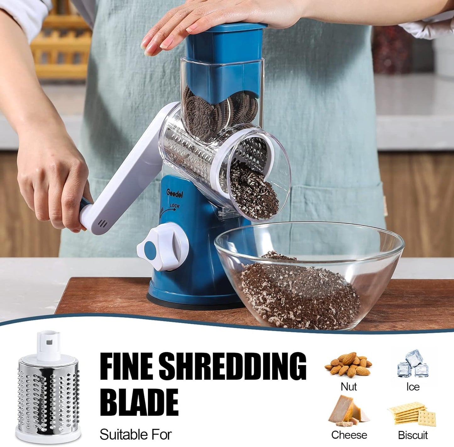 Geedel Rotary Cheese Grater, Kitchen Mandoline Vegetable Slicer with 3 Interchangeable Blades, Easy to Clean Rotary Grater Slicer for Fruit, Vegetables, Nuts