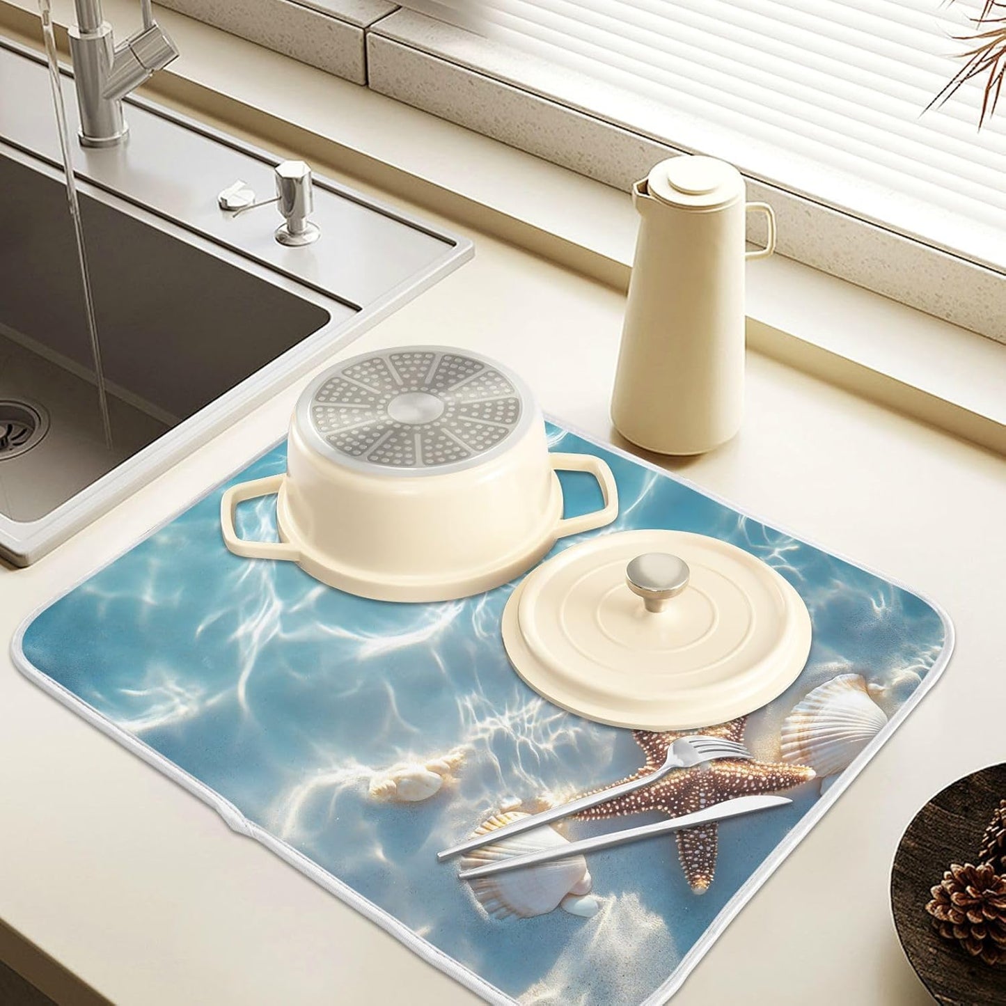Starfish and Seashell on The Summer Beach Dish Drying Mat for Kitchen Counter Absorbent Microfiber Large Drying Pad Dish mats for Kitchen Countertops 18 x 24 Inch