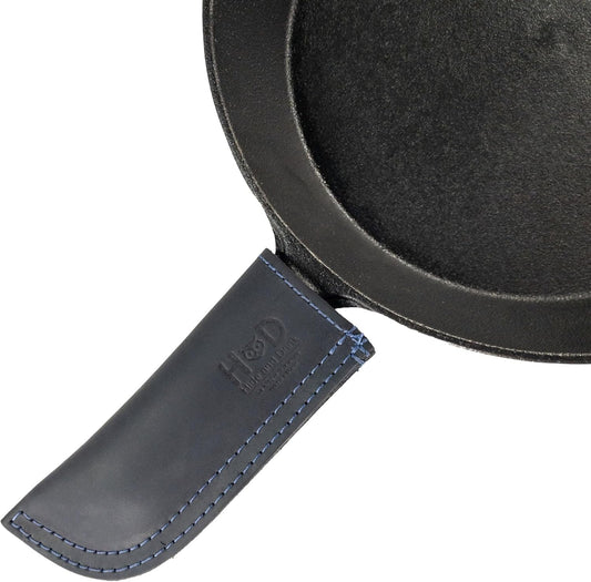 Hide & Drink, Full Grain Leather Hot Handle, Cast Iron Protector, Panhandle Potholder, Double Layered, Double Stitched, Slides On/Off Easily onto Metal Skillet Grips, Handmade, Slate Blue