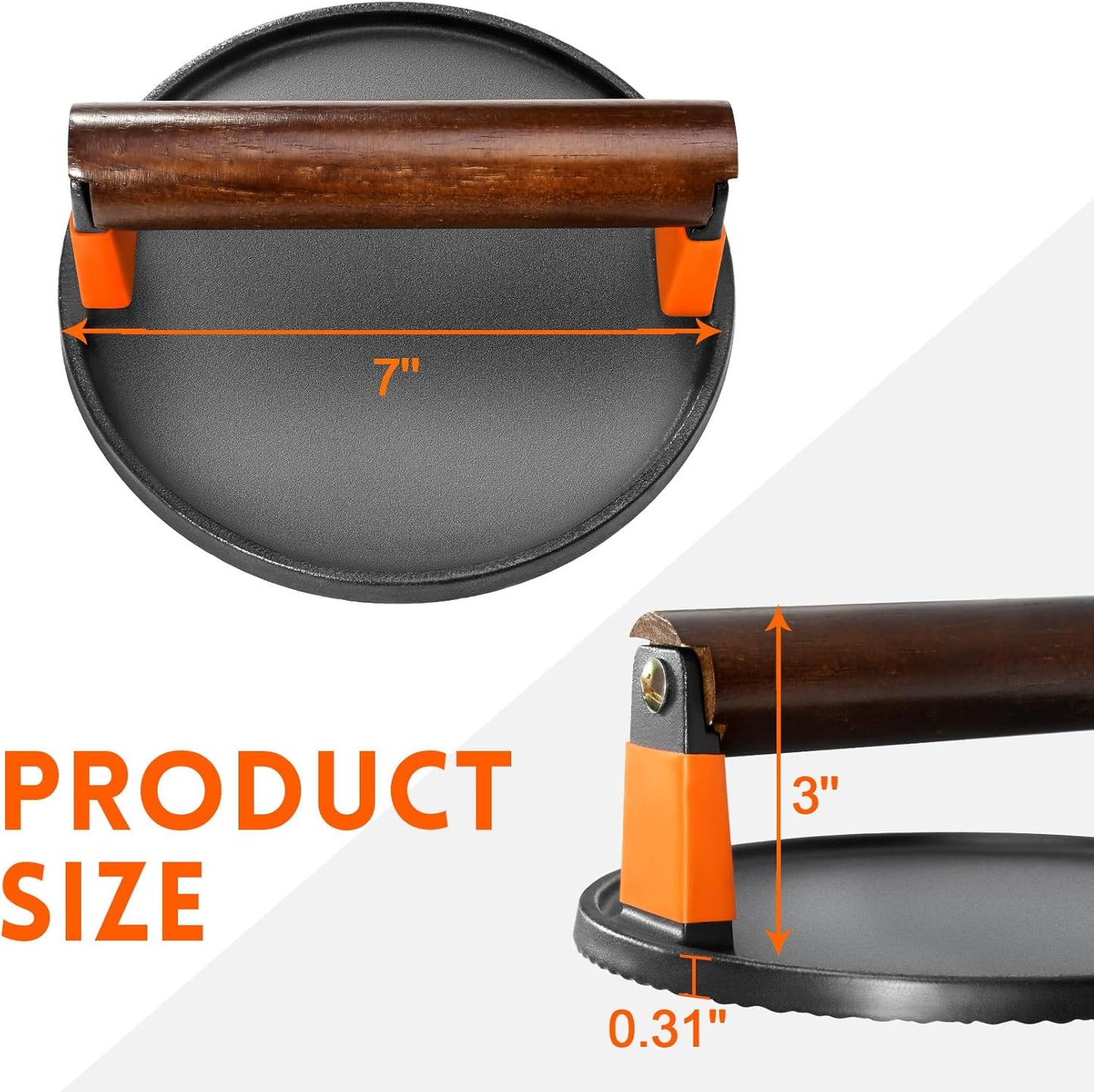 GGC Smash Burger Press, Cast Iron Bacon Press for Hamburger, Steak, Bacon, Sandwiches, 7" Round Meat Press with Wooden Handle for Grill and Griddle Cooking(10Pcs Patty Paper)