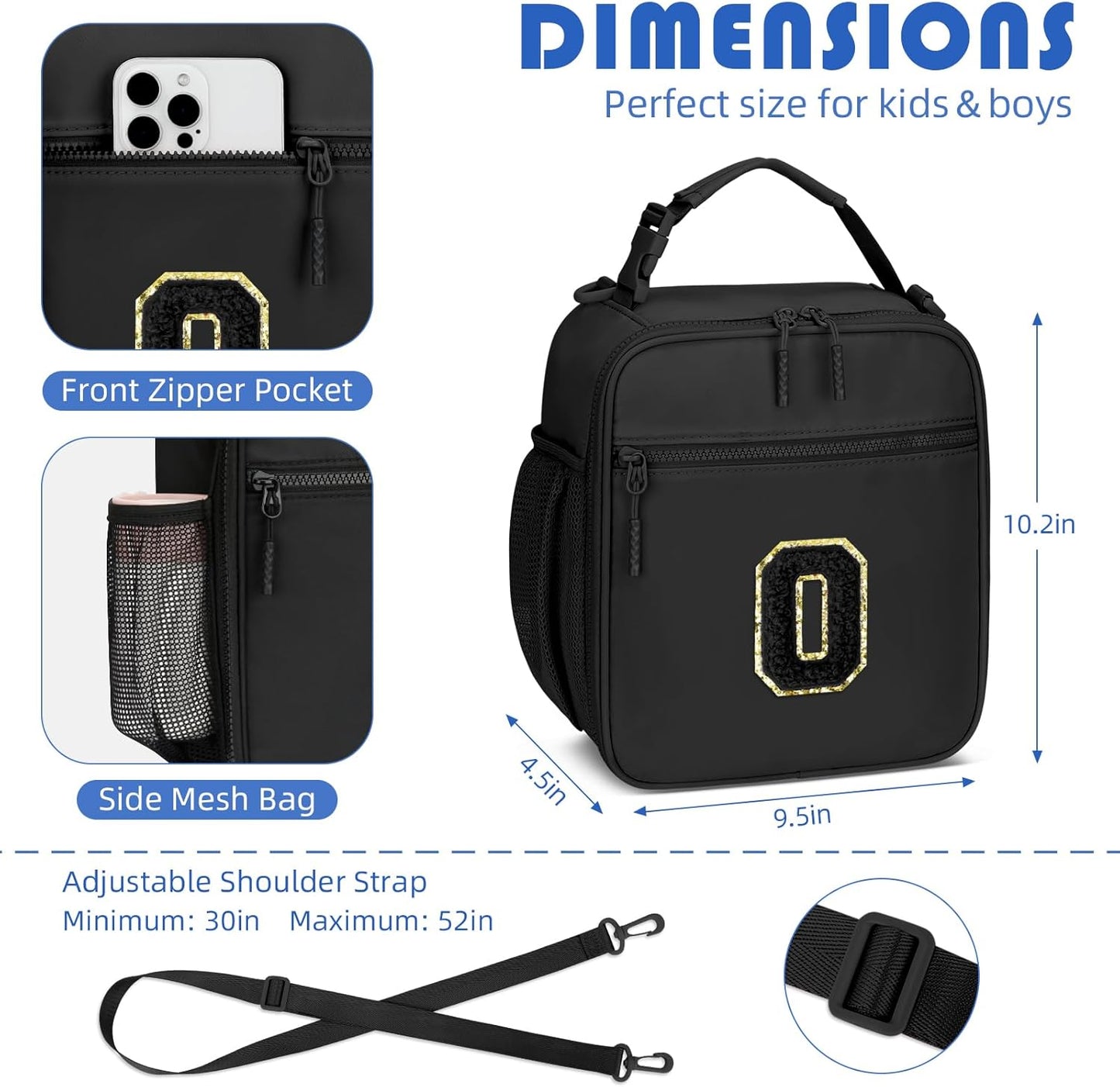 Initial Insulated Lunch Bag for Boys Kids, Back to School Gift, Reusable Leak-proof Lunch Box with Adjustable Strap for School Daycare Travel Picnic（Black，O）