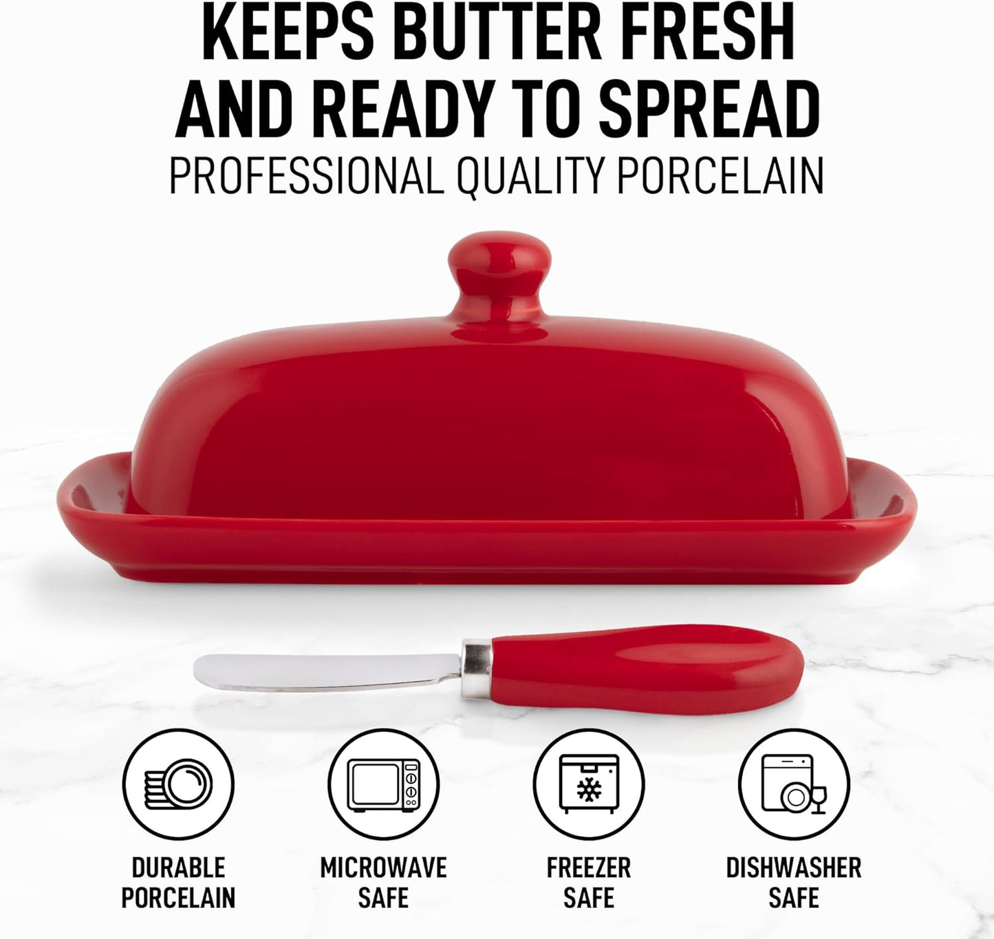 Zulay Butter Dish With Lid For Countertop - Porcelain White, Ceramic Butter Dish with Knob Handle Great for Cooking - Elegant Design Butter Holder - Durable & Sturdy Butter Keeper - Red