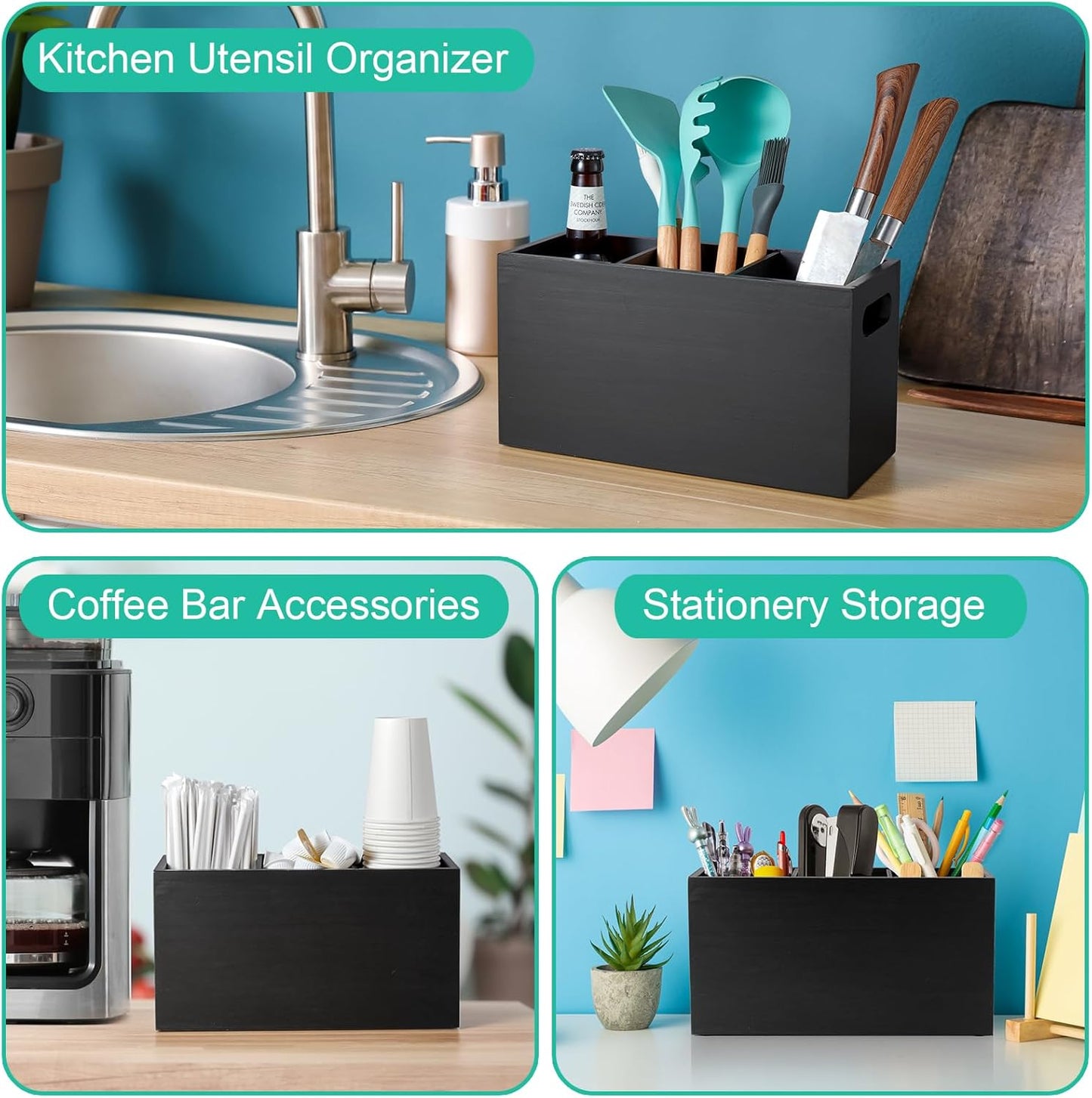 ALELION Black Kitchen Utensil Holder for Countertop - Wooden Large Utensil Caddy Organizer for Counter - 3 Compartment Cooking Utensil Crock for Silverware Spoon Spatula
