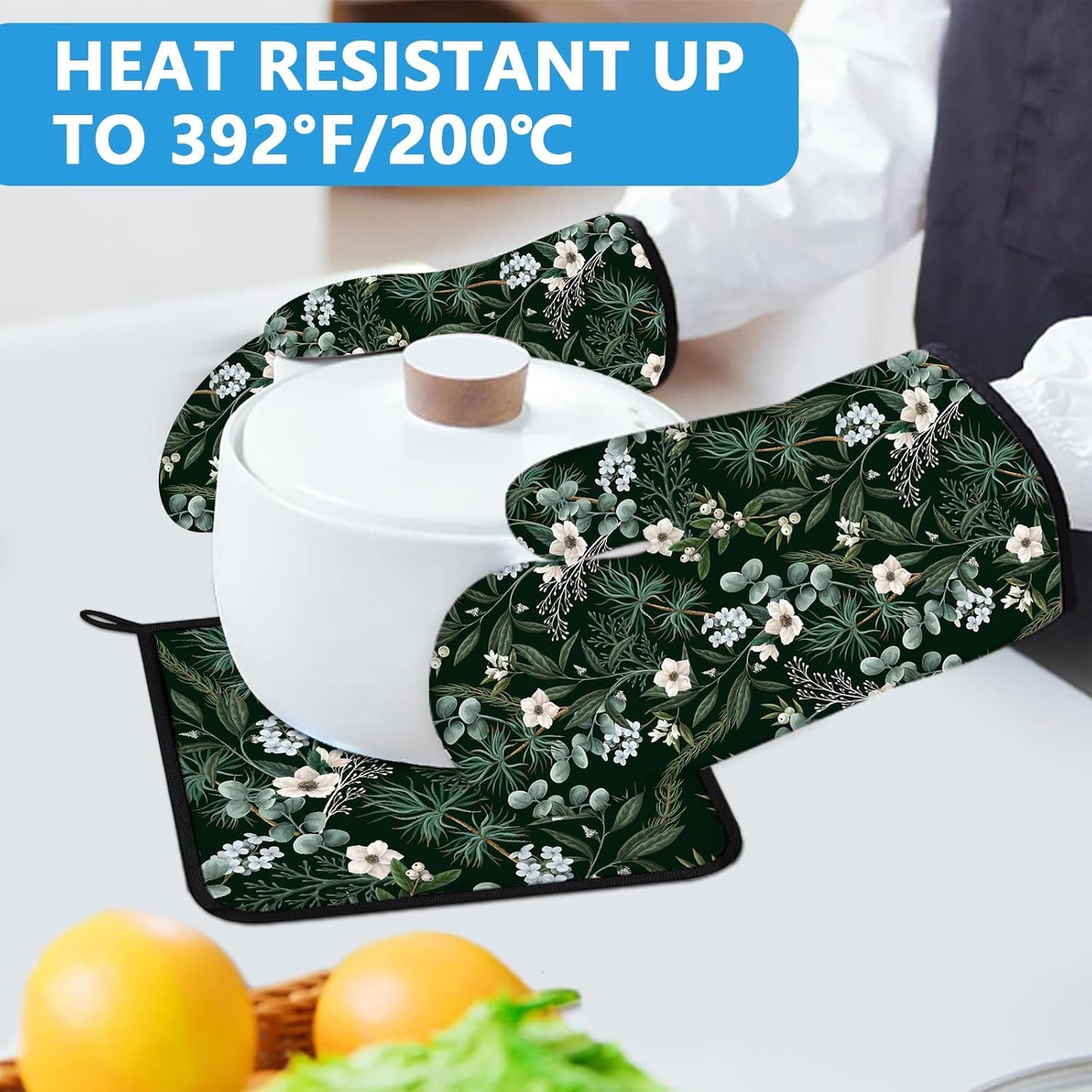 Botanical Print FloralOven Mitts and Pot Holders Sets Heat Resistant 4Pcs Potholders Oven Gloves Hot Pads for Kitchen Baking Cooking Grilling BBQ