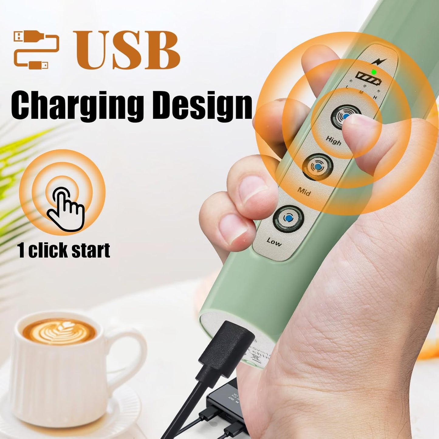 Nahida Granite Green Milk Frother Wand for Coffee, Frother Handheld Rechargeable Electric Whisk with 3 Heads 3 Speeds Drink Mixer Coffee Frother Foam Maker For Latte, Cappuccino, Hot Chocolate, Egg