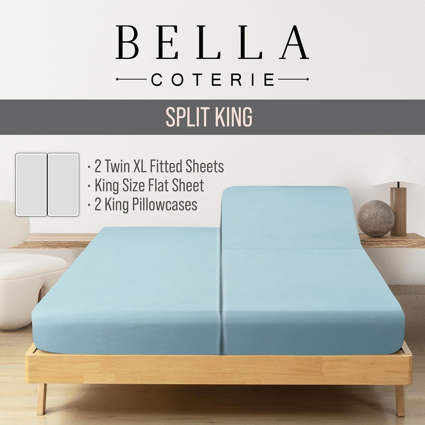 Bella Coterie Luxury Bamboo Viscose Split King Size Sheet Set | 100% Organically Grown | Ultra Soft | Cooling for Hot Sleepers | 18" Deep Pocket [Coastal Blue]