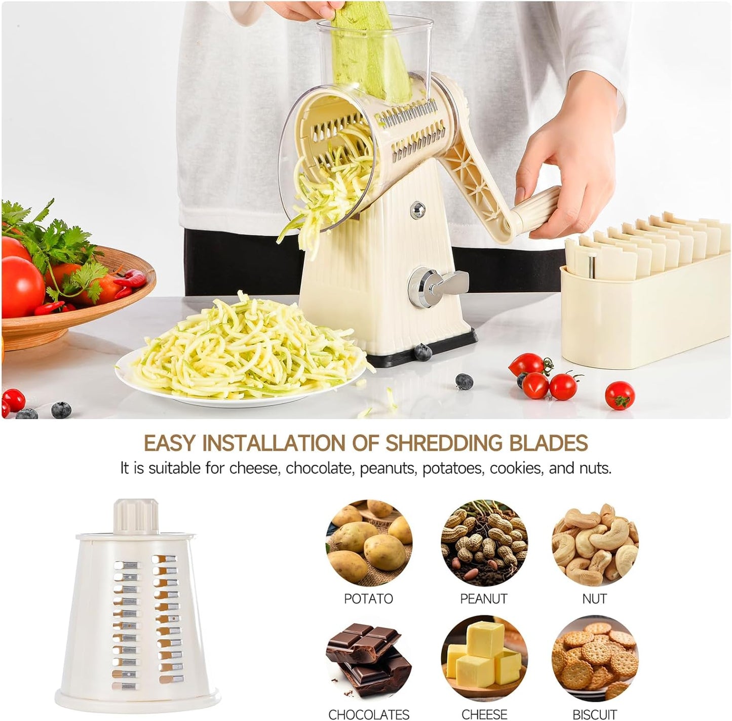 Xilrvna Rotary Cheese Grater, Vegetable Shredder 5 in 1 Cheese Grater with Handle edder Reinforced Suction,Easy to Clean,Kitchen Chopper for Crushed Ice,Fruits and Nuts with Blade Storage Case（white）