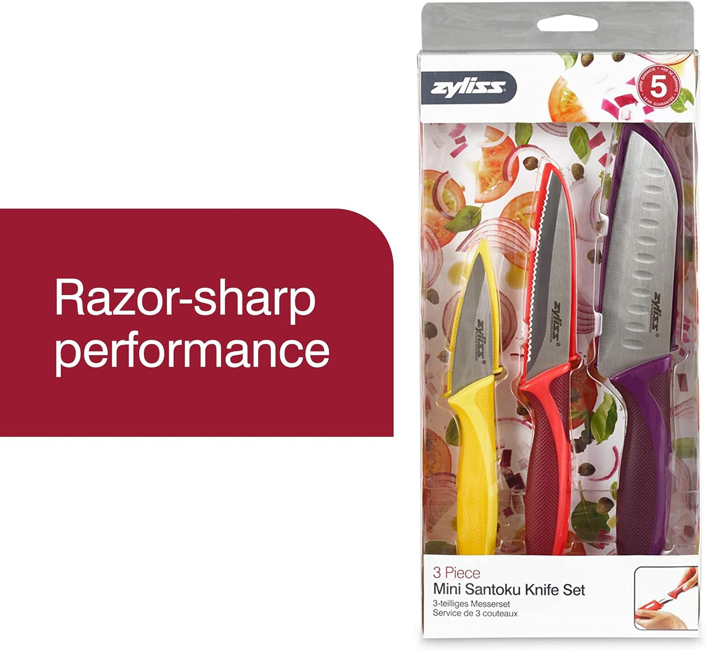 Zyliss 3 Piece Mini Santoku Knife Set with Sheath Covers, Stainless Steel/Pur...