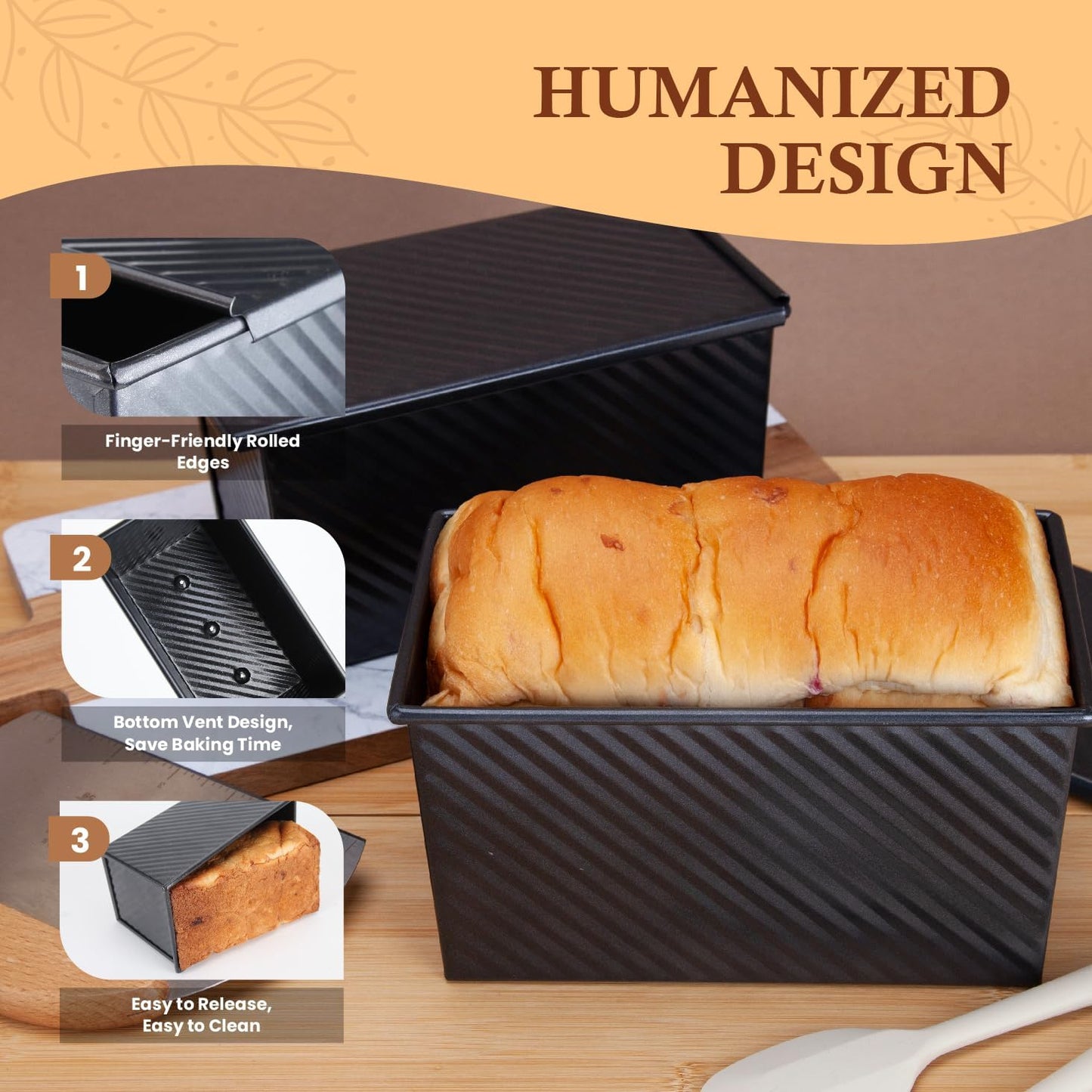 CARTMAN Bread Loaf Pan 2 Pack, 9x4 Pullman Loaf Pan with lid and a Silicone Spatula and Basting Pastry Brush, 1 lb Dough Capacity,Non-Stick Carbon Steel bread pans for homemade bread