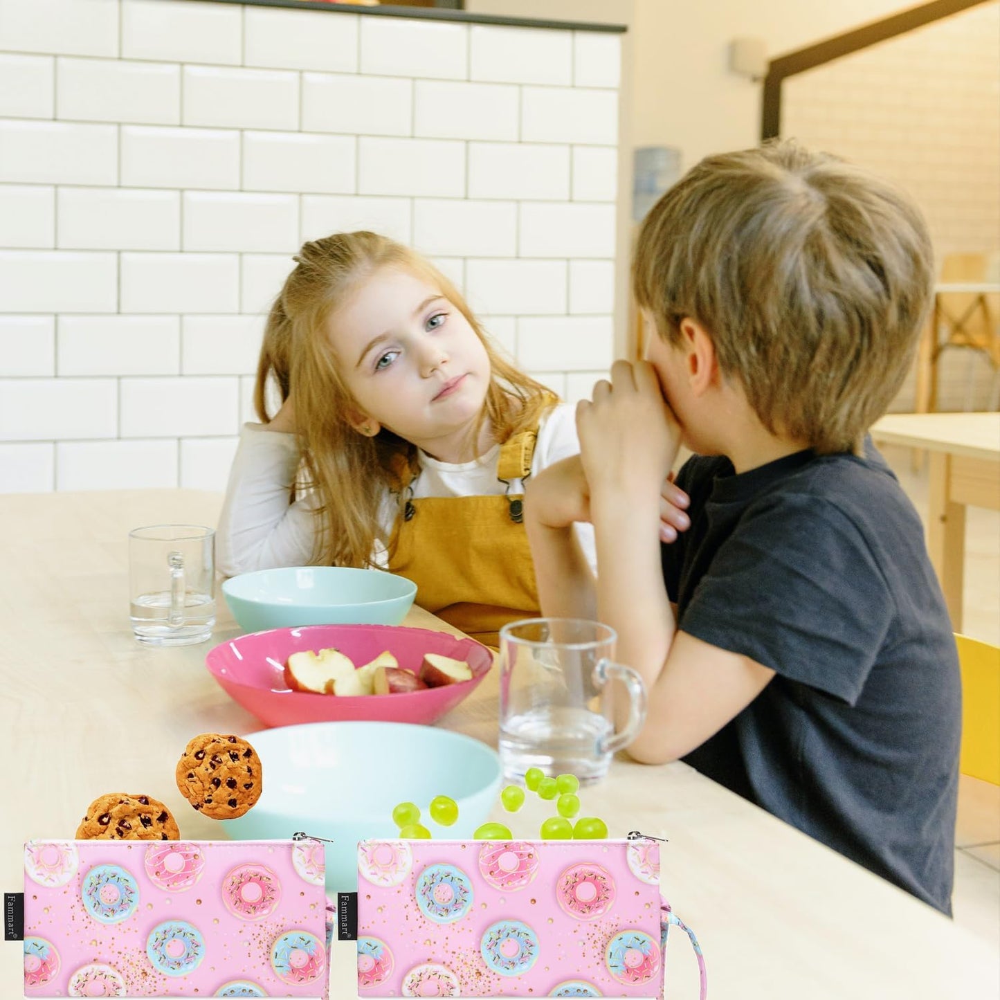 Reusable Sandwich Bag/Snack Bag for Kids & Adults, Dual Layer Lunch Bag with Handle, Washable, Food Safe, BPA Free (2-Pack, Colorful Donut)