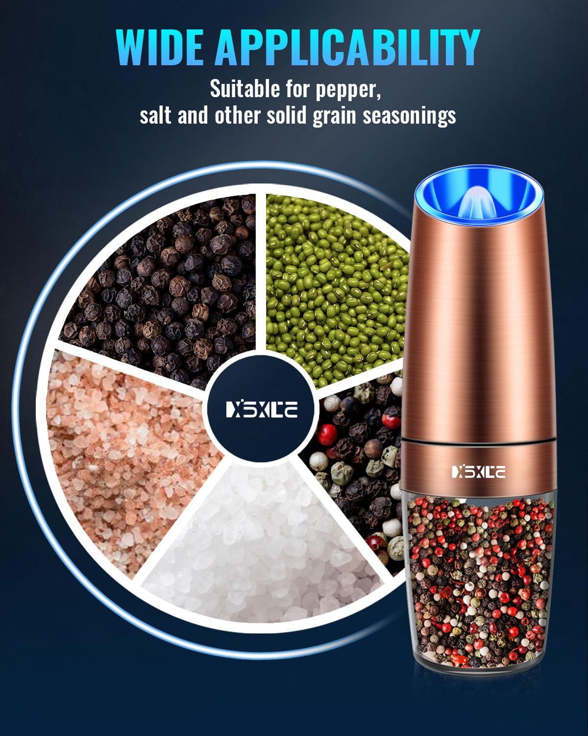XinXu Gravity Electric Pepper and Salt Grinder Set, Adjustable Coarseness, Battery Powered with LED Light, One Hand Automatic Operation, Stainless Steel -Copper, 2 Pack