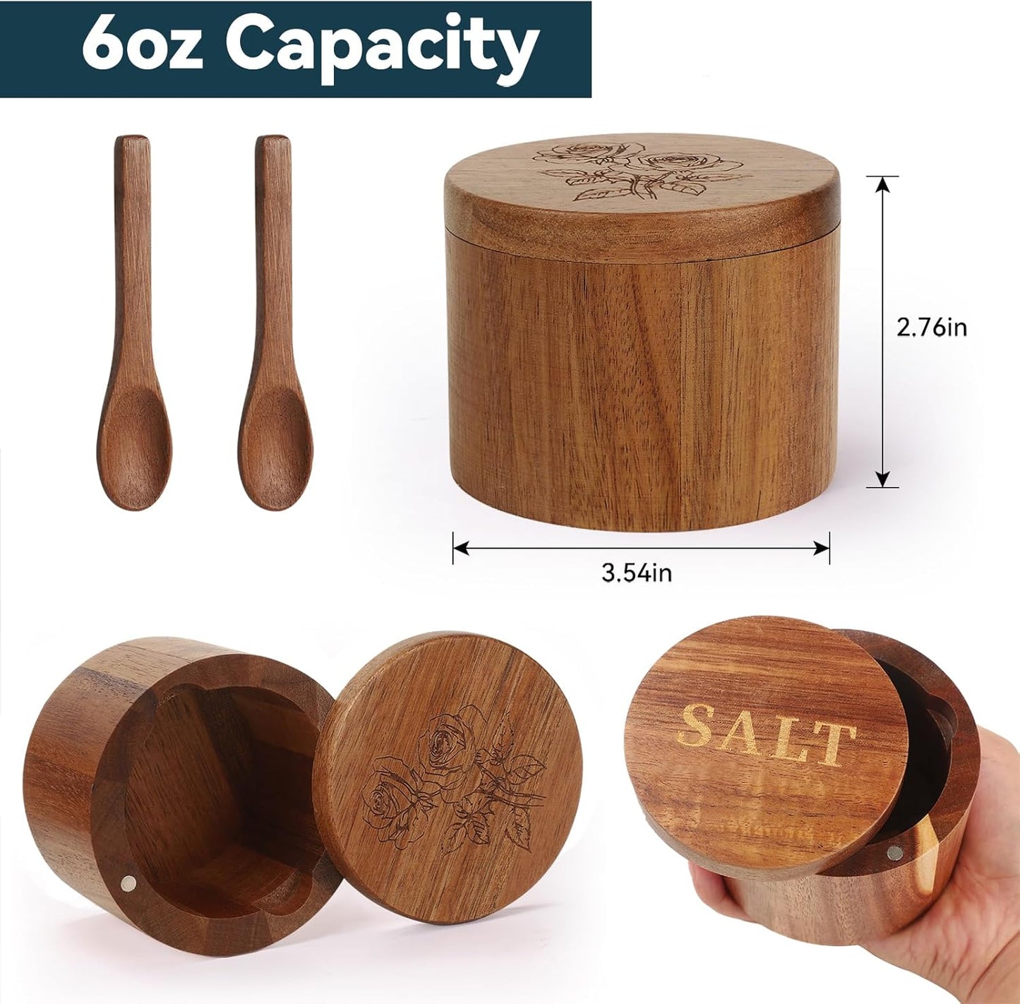 Salt Cellar, 2PCS Salt Container Acacia Wood Salt and Pepper Box for Countertop with Built-in Spoon & Swivel Lid, Wood Salt Holder Bowl for Kitchen, Seasoning Storage (Rose & SALT Engraving)