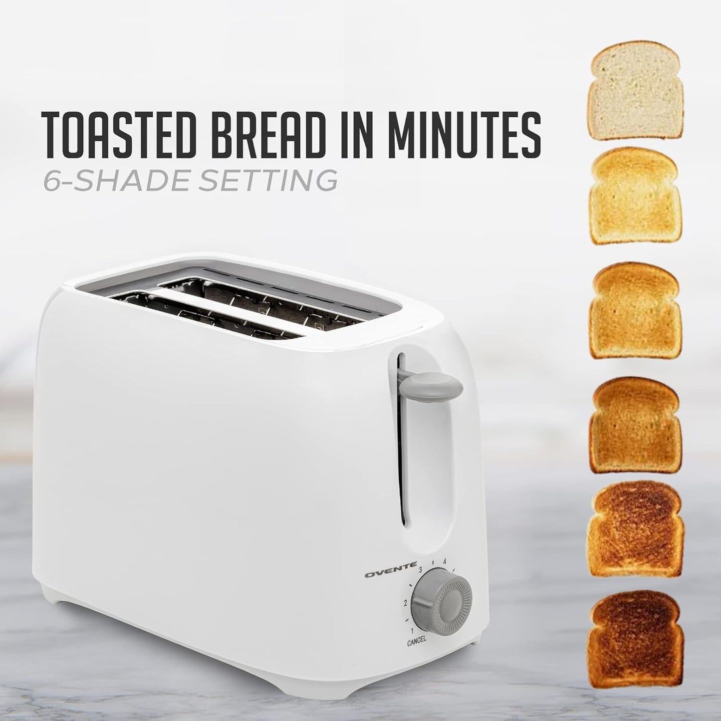 OVENTE Electric 2 Slice Toaster Machine with 6-Shade Browning Selector Setting, Compact Design and Removable Crumb Tray, 700W Power Perfect for Toasting Bread, Thin Bagels and Waffles, White TP2210WGY