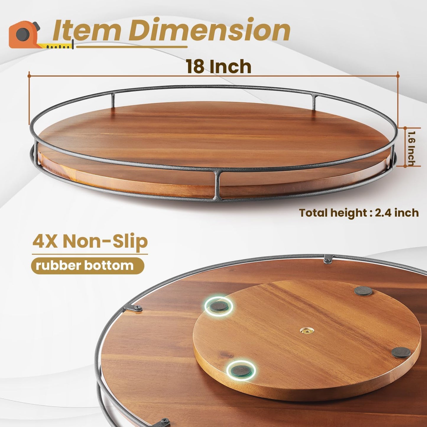 18" Acacia Wood Lazy Susan Turntable with Metal Frame - Large Brown Lazy Susans Organizer Countertop Storage - Wooden Serving Tray for Charcuterie Cheese Board - Kitchen Counter Rotating