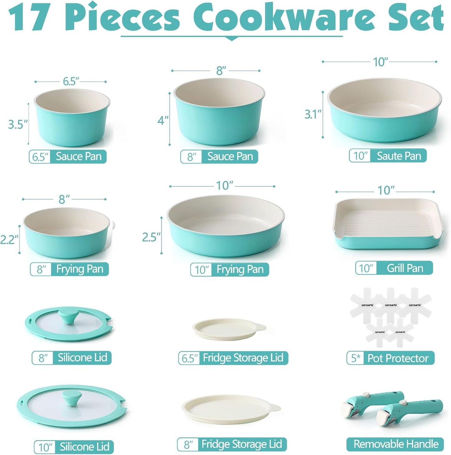 SENSARTE 17 Piece Ceramic Pots and Pans Set, Nonstick Detachable Handle Cookware, Induction Kitchen Cookware Set with Removable Handle, Dishwasher ＆ Oven Safe (Turquoise)