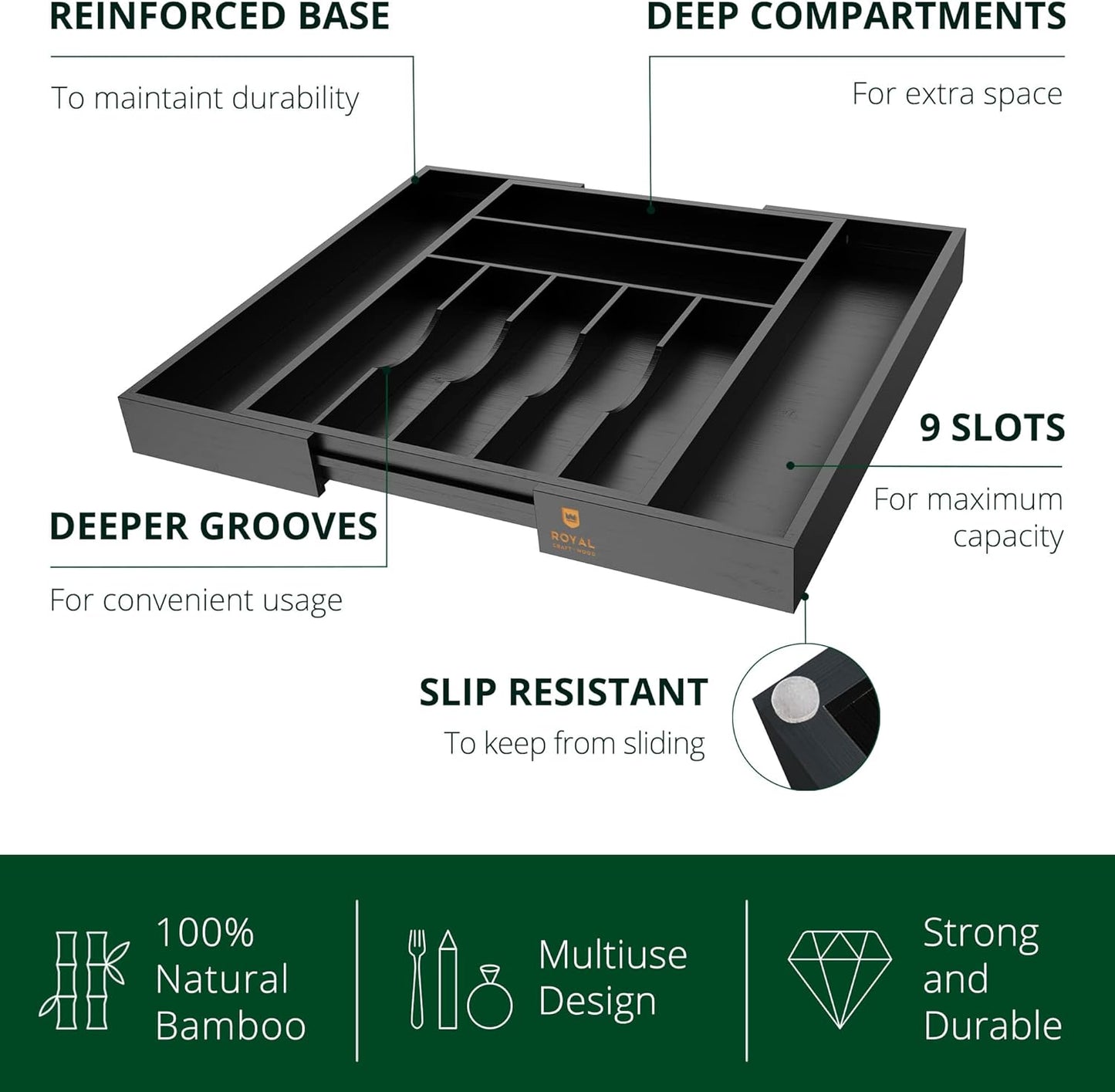 ROYAL CRAFT WOOD Luxury Bamboo Kitchen Drawer Organizer - Silverware Organizer - Utensil Holder and Cutlery Tray with Grooved Drawer Dividers for Flatware and Kitchen Utensils (9 Slot, Black)