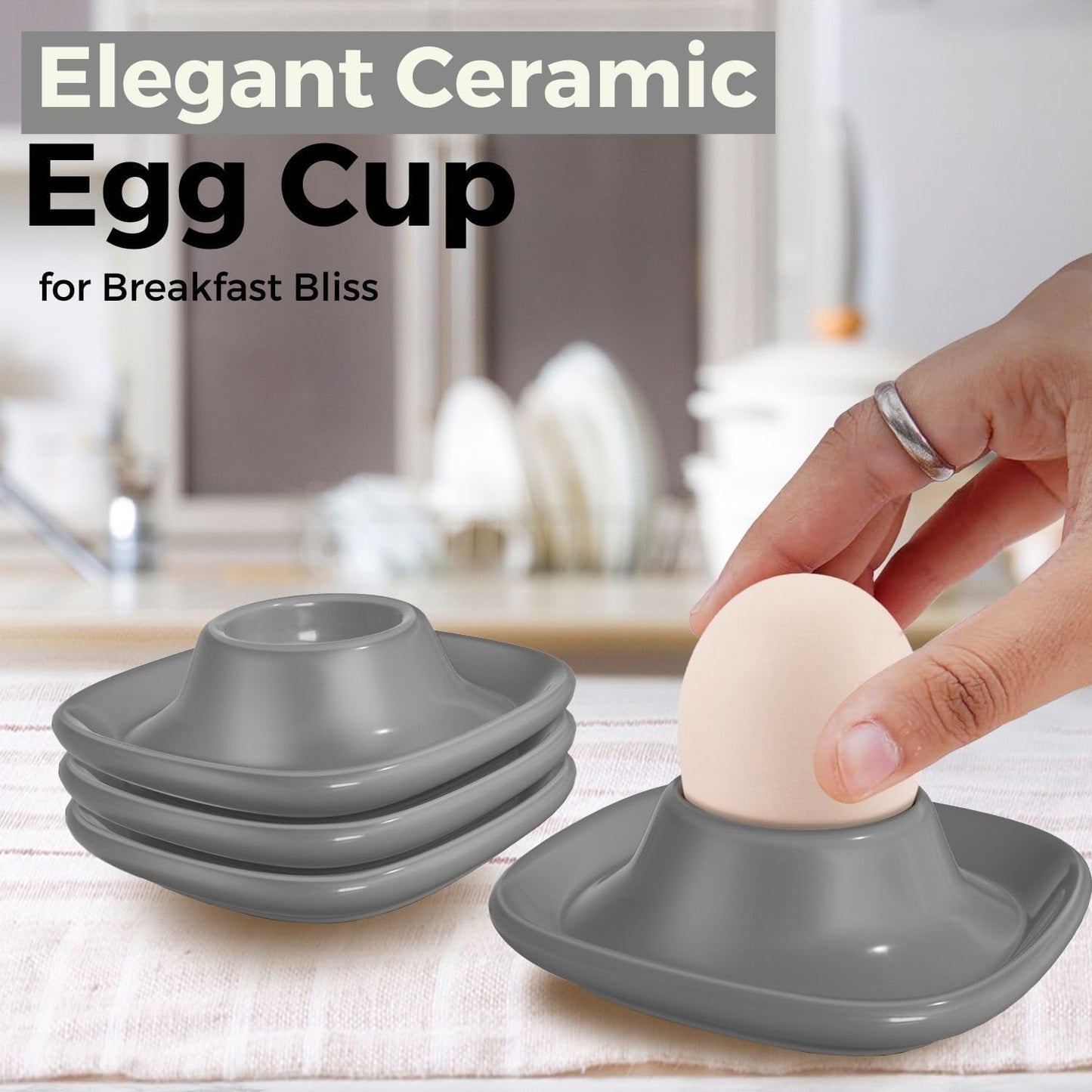 Flexzion Soft Boiled Egg Holder Set - 4-Piece Gray Ceramic Egg Cup, Stackable Egg Coddler Cups with Base for Serving, Breakfast, Brunch - Kitchen Table Decor, Gray