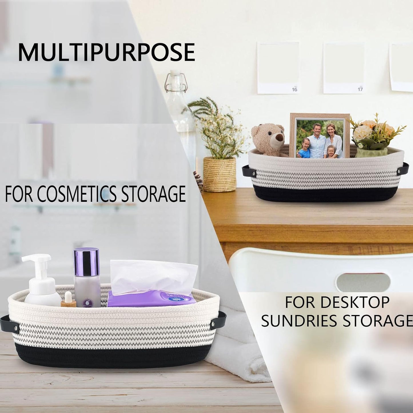 Cotton Rope Toilet Basket Bathroom Decor Baskets, Toilet Paper Holder Basket, Farmhouse Home Decor Organizing Small Baskets 13"x5.9"x4" Black