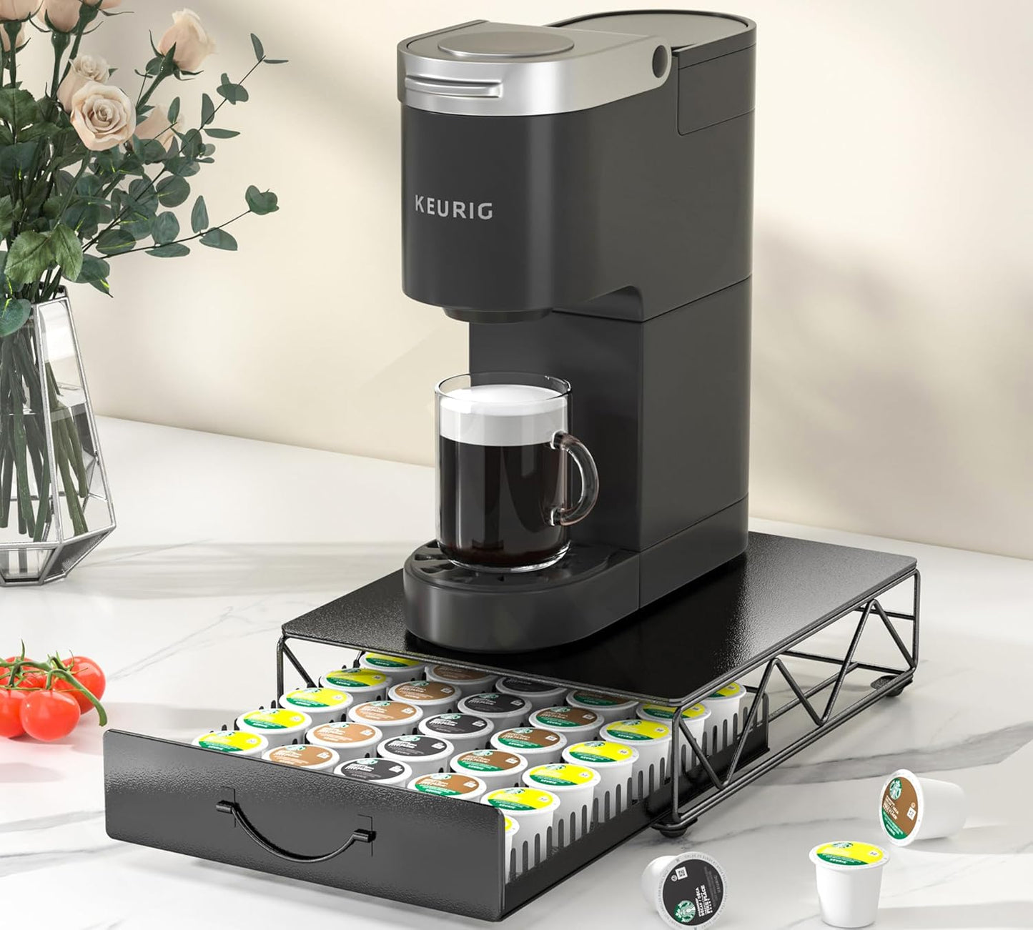 HFHOME Coffee Pod Holder Drawer Compatible with Nespresso - 40 Large or 60 Small VertuoLine Pods - Black Metal Coffee Capsule Storage Organizer for Vertuo - Coffee Capsule Holder for Kcup Home Kitchen