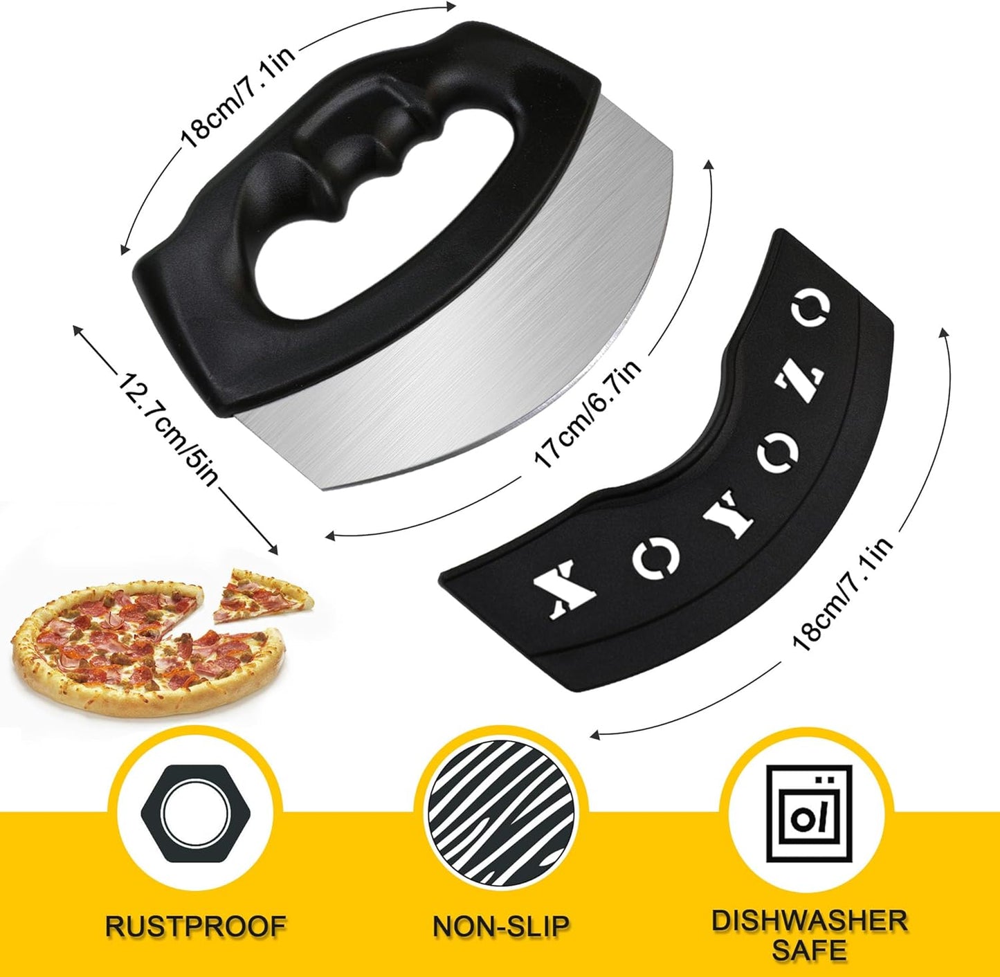 XoYoZo Pizza Cutter Salad Chopper Large Stainless Steel Blade with Cover, Dough Rocker Mezzaluna Knife for Kitchen Gadgets