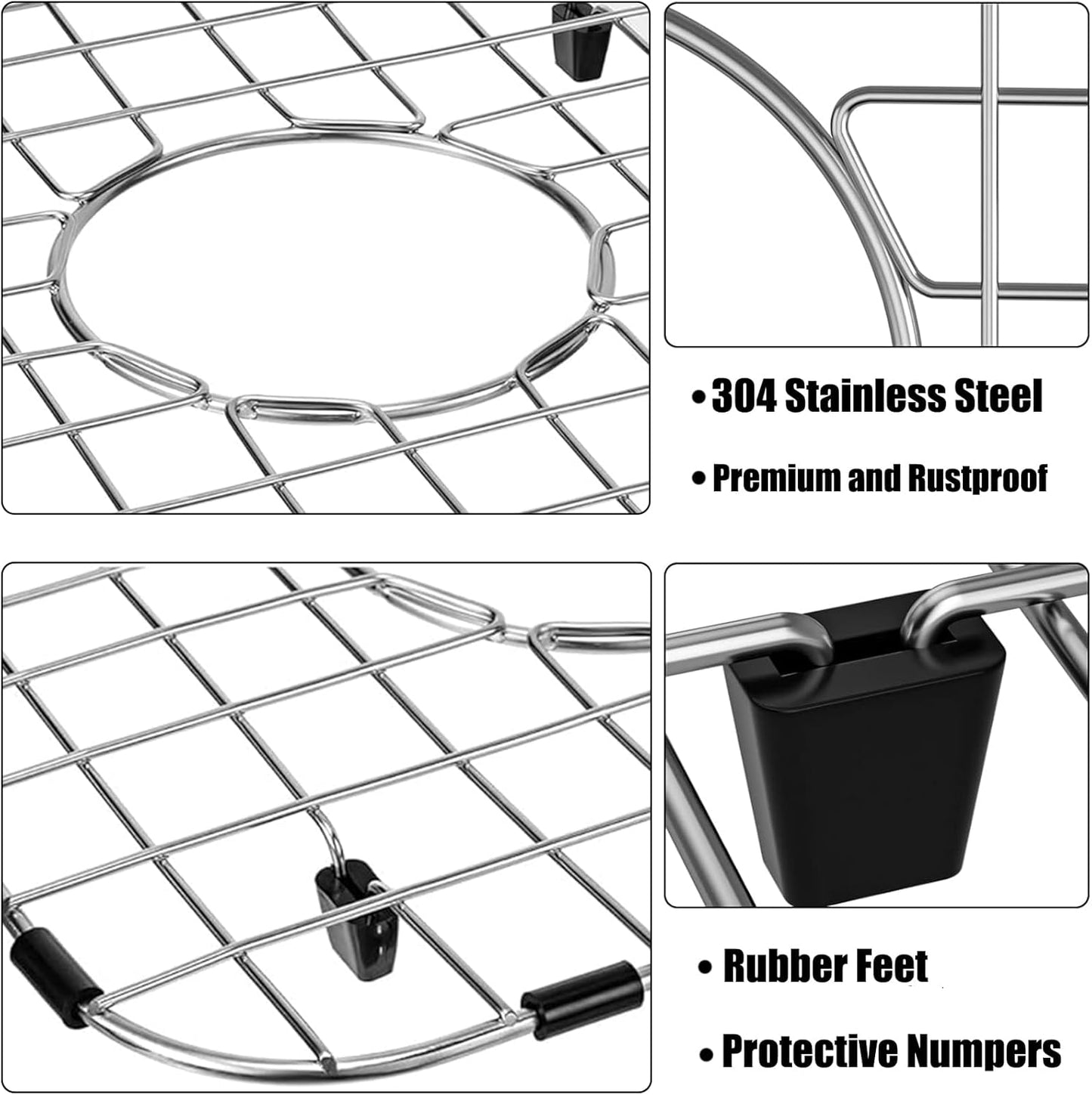 Orgneas Sink Protectors for Kitchen Sinks, Double Bowl Sink Bottom Grid 13"x16" and 11.2"x14.5", 304 Premium Stainless Steel Kitchen Sinks Grate Rack Grid, Centered Drain, 2 Pcs