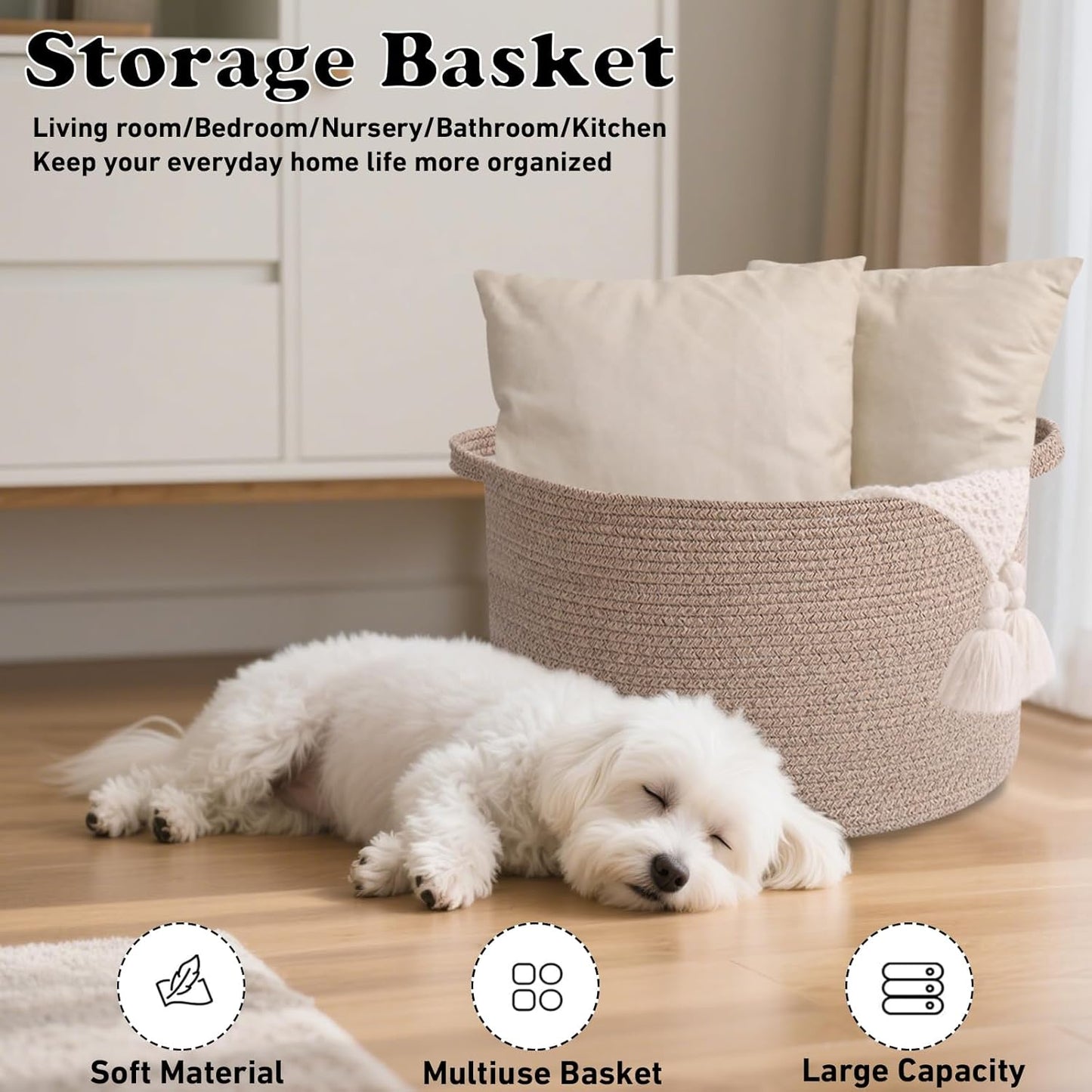 Large Blanket Basket for Organizing,65L Closet Organizers and Storage Bins Box for Shelves Woven Rope Storage Baskets,Living Room,Bedroom,Dorm,Laundry room (Brown)