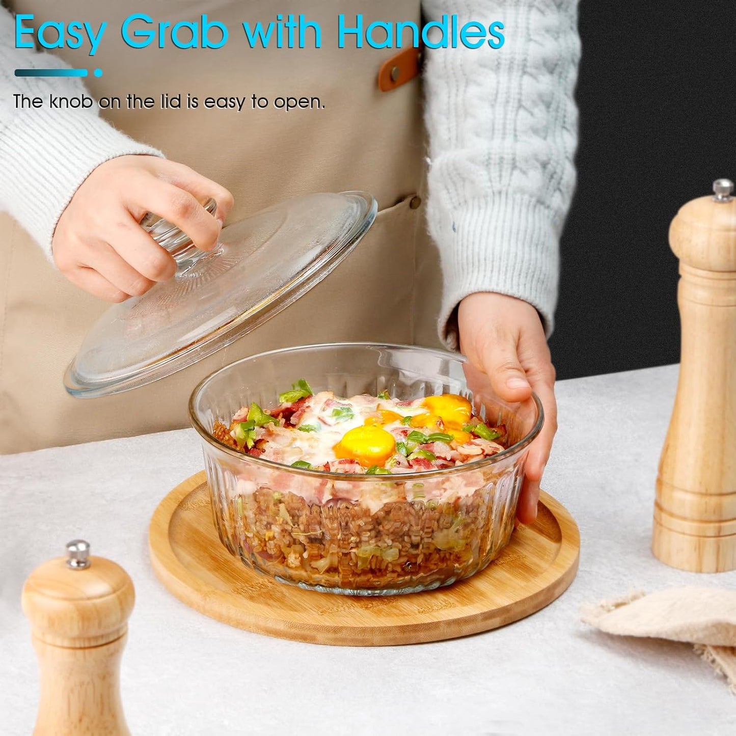 NUTRIUPS 1.6QT Round Glass Casserole Dish with Lid, Borosilicate Glass, Round Casserole for Oven