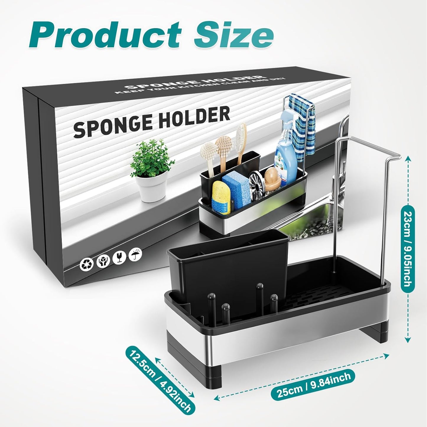 Stainless Steel Sink Caddy, Sponge Holder for Kitchen Sink with Brush Holder & Dishcloth Rack, Rustproof Sink Organizer Countertop, Soap Dispenser Kitchen Organizers Storage Essentials, Black