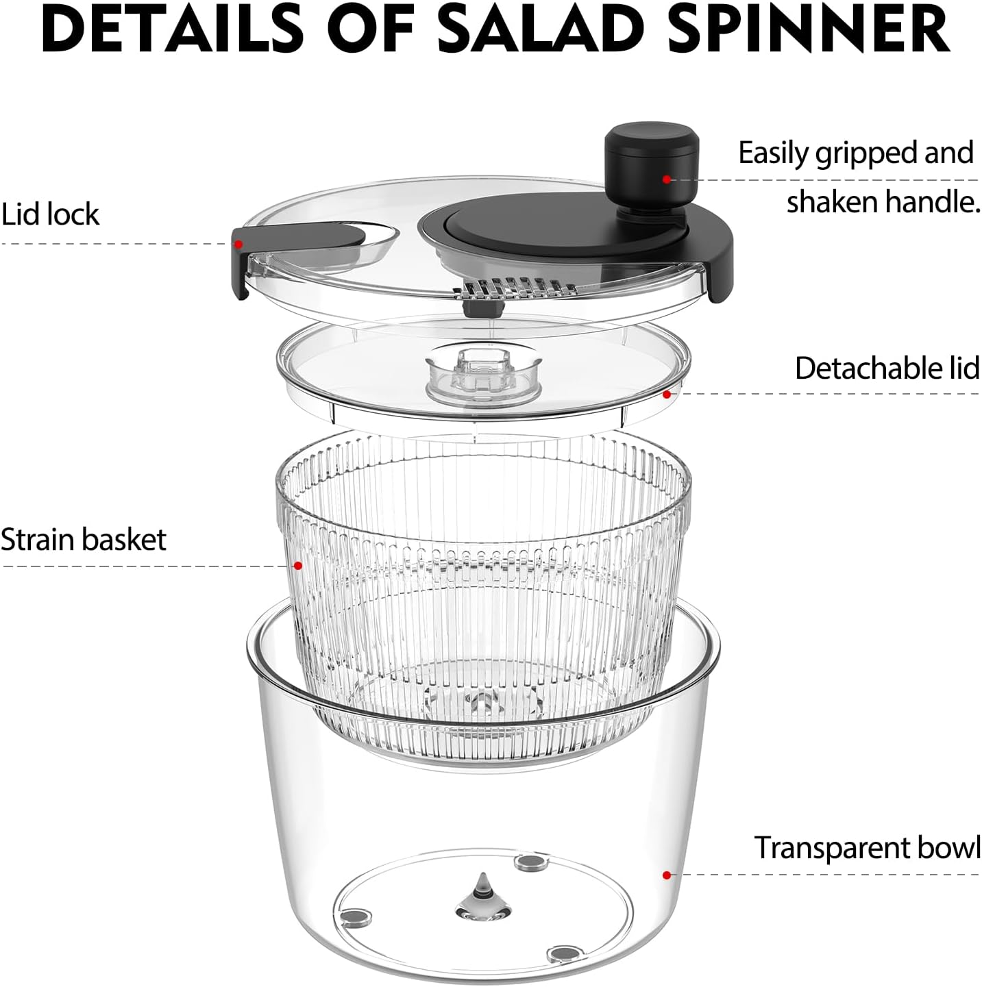 Ourokhome Salad Spinner Lettuce Dryer, Hand-crank Rotary Vegetable Dryer Veggie Washer with Transparent Bowl and Colander for Greens, Herb, Berry, Fruits, Macaroni, 2.8 QT, Black