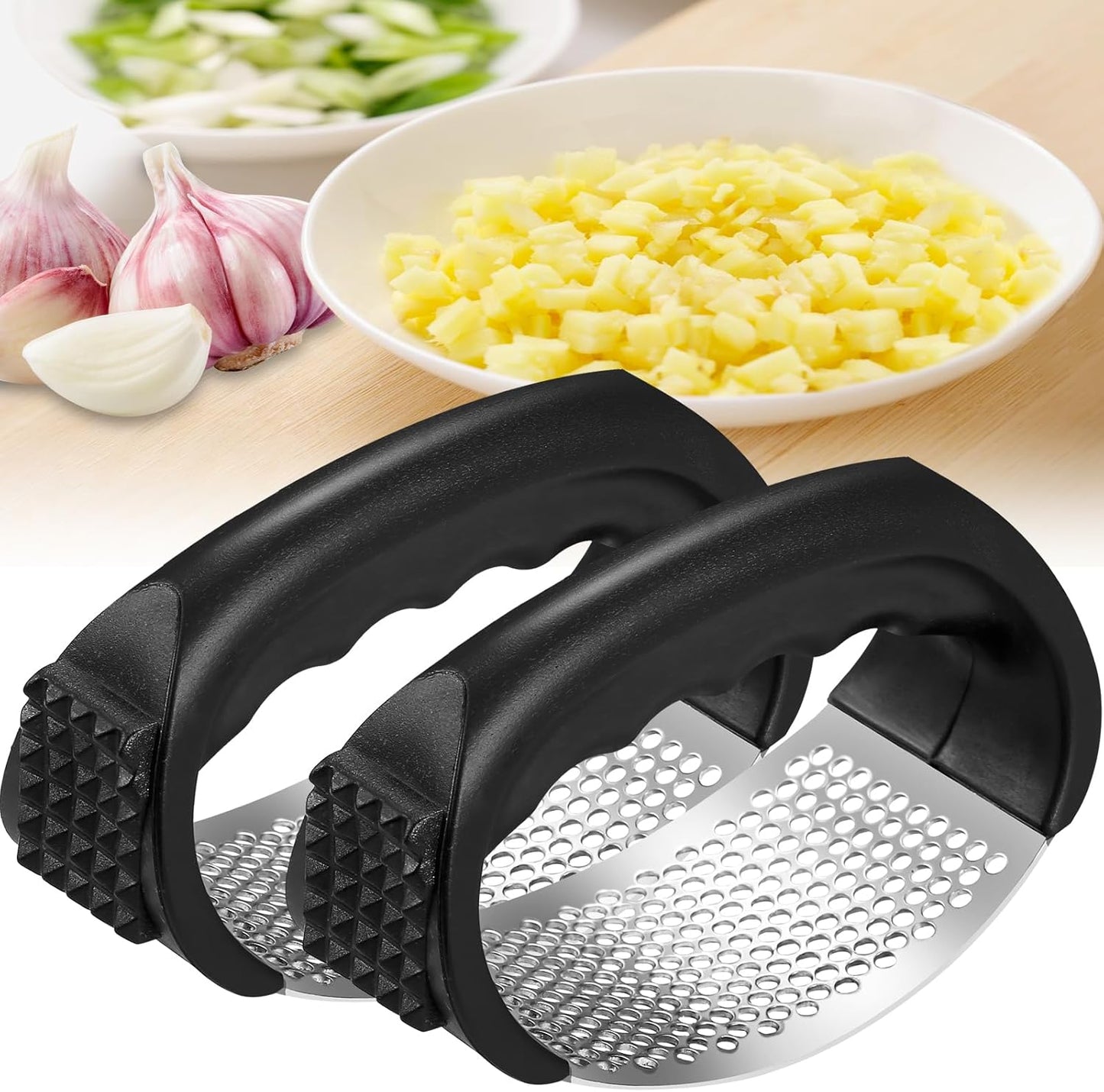2Pcs Garlic Press Rocker, Stainless Steel GarlicMincer and Garlic Crusher, Easy-Squeeze GarlicTool (black+black)
