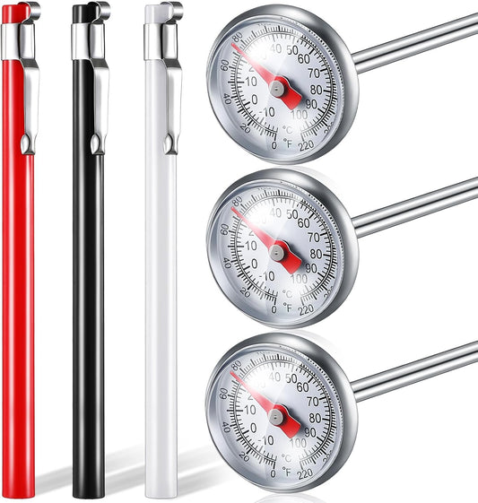 Xuhal 3 Pcs Stainless Steel Kitchen Thermometer with 5 Inch Long Stem 1 Inch Dial Thermometer Milk Frothing Food for Oven Probe Meat Grill BBQ Cooking Chocolate Water (Red,Black,White)