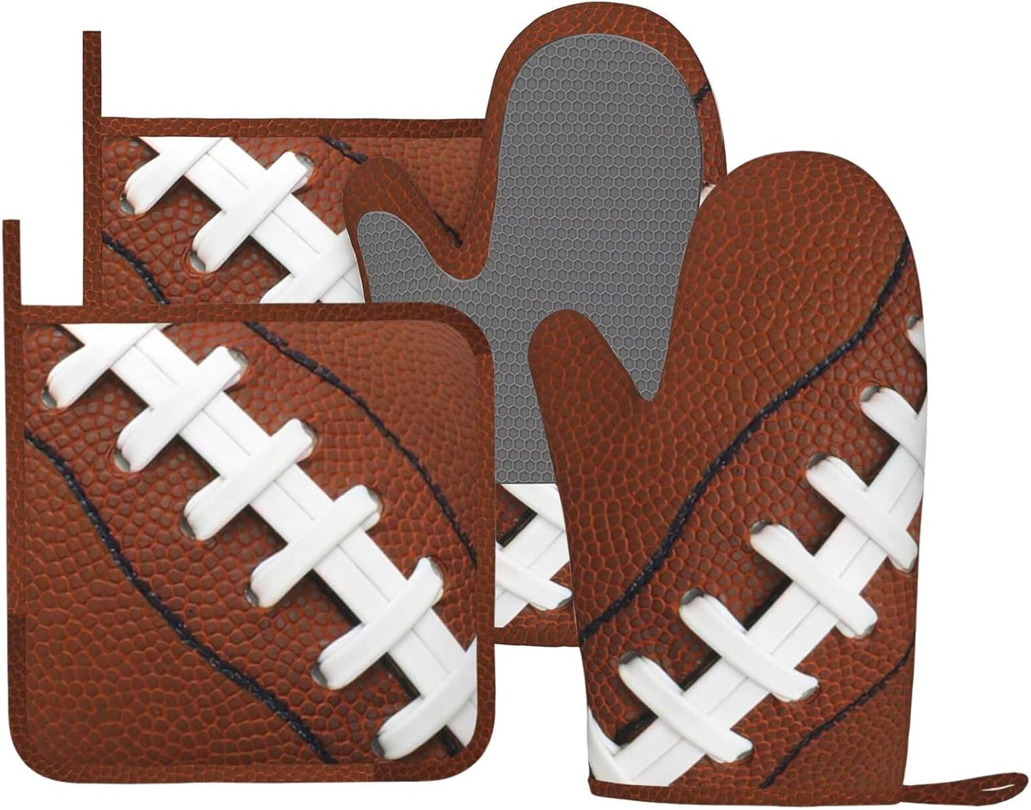 American Football Oven Mitts and Pot Holders Set of 4 Silicone Rugby Leather Lace Fun Traditional Sport Ball Kitchen Mitten Gloves and Potholders Set Heat Resistant Oven Gloves Hot Holders