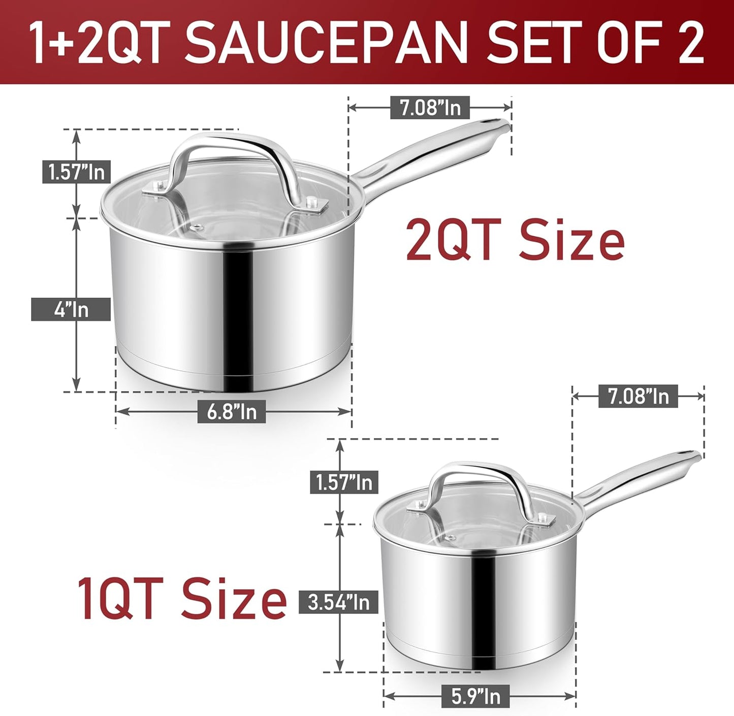 P&P CHEF 1 Quart & 2 Qruat Saucepan with Lid Set, Stainless Steel Small Cooking Pot Induction Sauce Pan for Pasta Soup, Ergonomic Handle & Tri-ply Base, Dishwasher Safe, 2 Pan