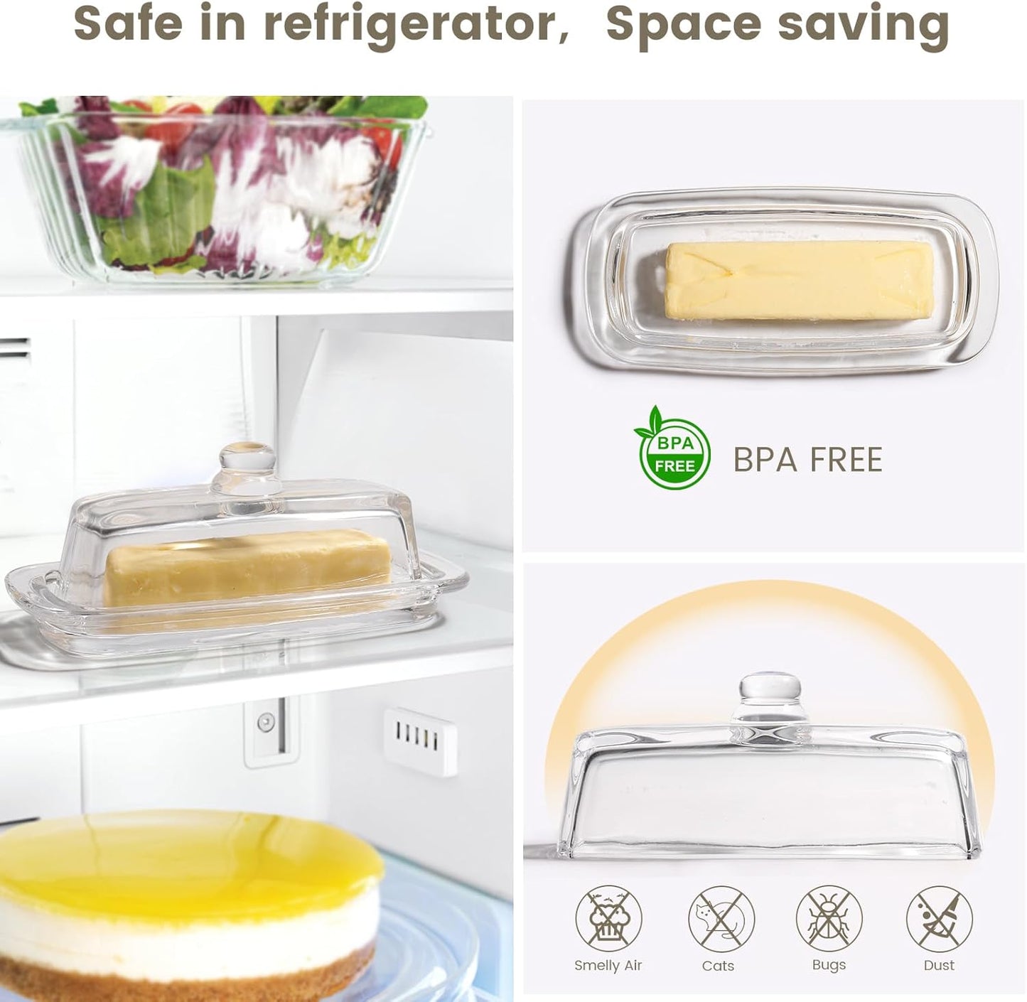 Small and Narrow Glass Butter Dish with Lid for Countertop Clear Crystal Butter Container for Counter Glass Butter Keeper with Cover Butter Tray for Refrigerator,Can hold 1x4oz Butter
