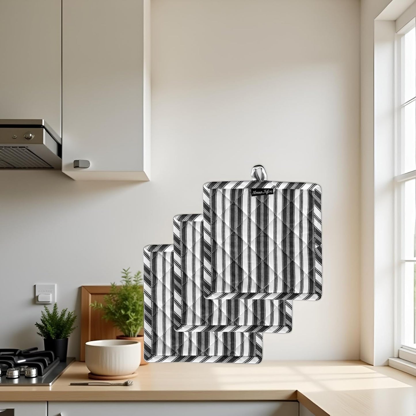 AMOUR INFINI Double Stripe Pot Holders Heat Resistant Cotton Set of 3 Nonslip 8"x8" Inch Hot Pads for Kitchen, BBQ, Baking & Cooking with Hanging Loops (Charcoal)