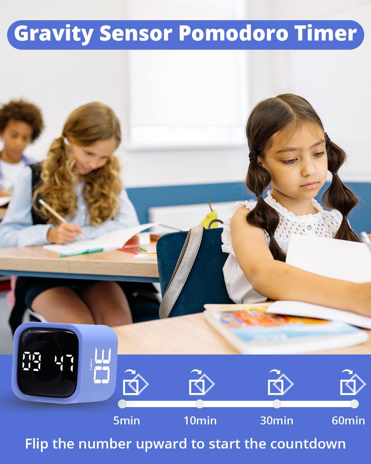 Productivity Timer Flip Gravity Sensor Cube Timer Countdown & Countup,Mute & Vibrate & Sound，5/10/30/60min & Custom Timing, Perfect for ADHD,Work,Learning,Kitchen Cooking
