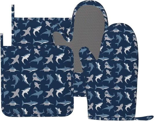Cool Sharks Oven Mitts and Pot Holders Set of 4 Silicone Blue Grey Sharks Kitchen Mitten Gloves and Non-Slip Potholders Set Heat Resistant Oven Gloves Hot Holders for Kitchen
