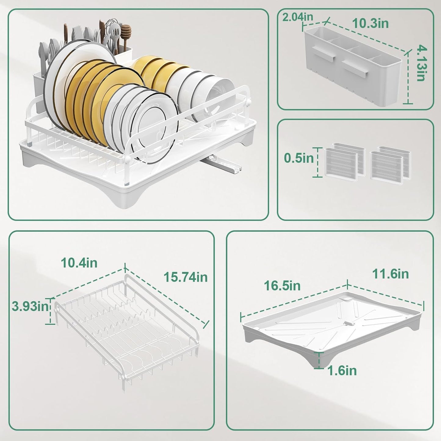 Dish Drying Rack,Dish Racks for Kitchen Counter, Metal Dish Drainer with Adjustable Drainage Spout, Removable Knife and Fork Holder (White)