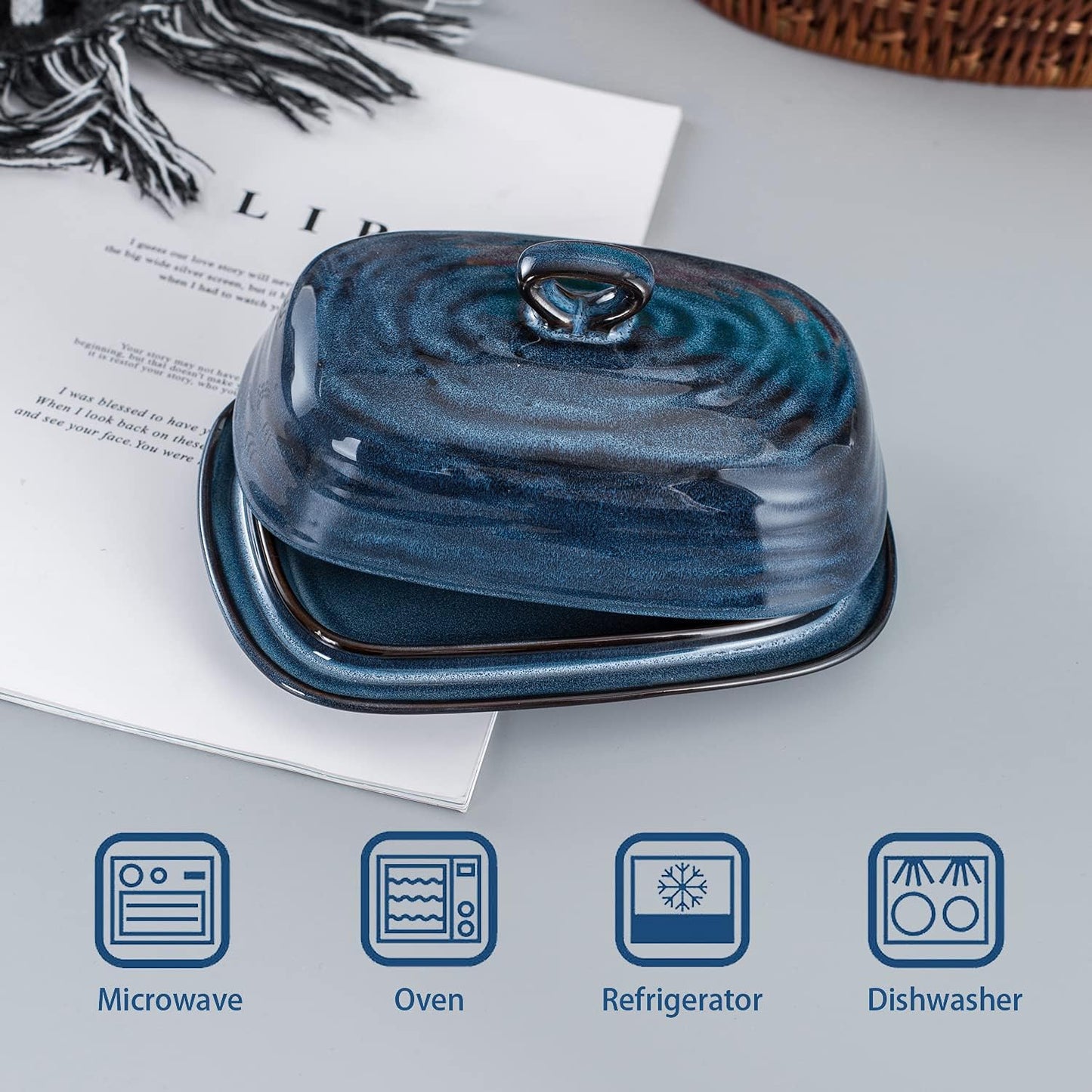 Hasense Porcelain Butter Dish with Lid, Covered Butter Container with Handle Design for Countertop, Blue