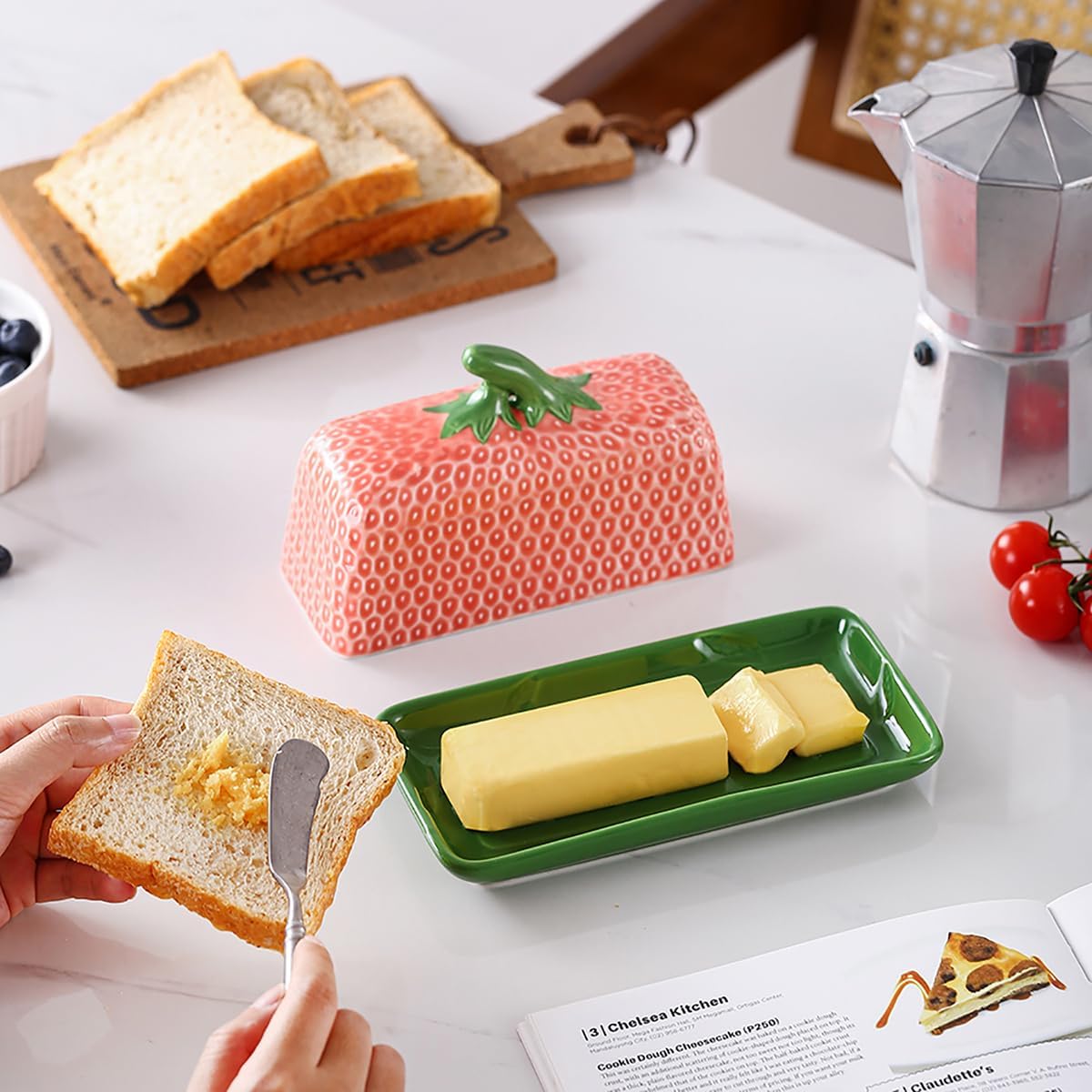 Ceramic Strawberry Butter Dish with Lid for Countertop, Kitchen Butter Keeper, Serving Tray with Cover, Butter Storage Container, Butter Holder, Holds 1 Stick (Pink, Large)