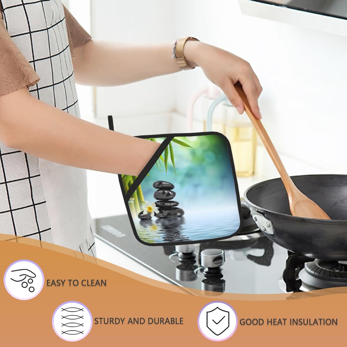 Zen Spa Pot Holder Set of 2,Green Flower Kitchen Heat Resistant Potholder for Women Men BBQ Cooking Baking