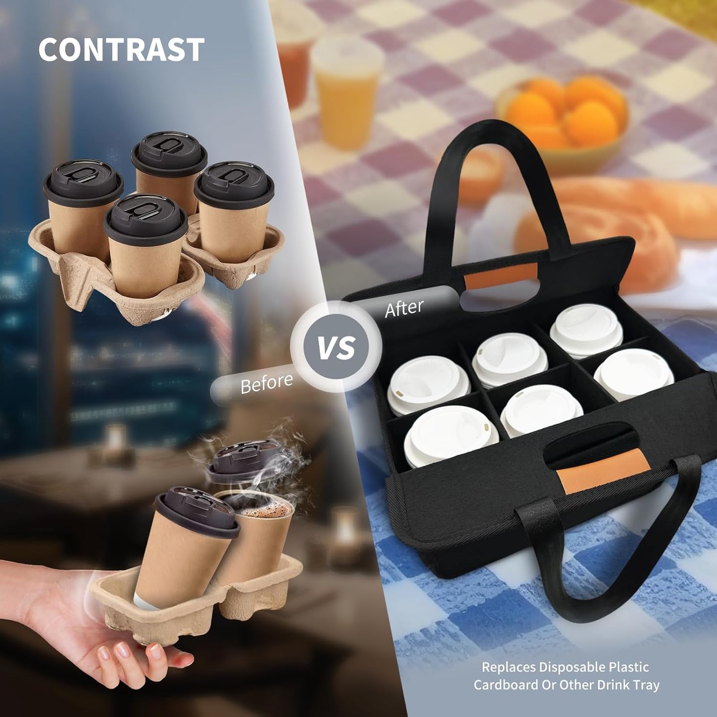 Reusable 4/6 Cup Drink Carrier with Handle and Adjustable Dividers, Insulated Caddy for Take Out, Foldable Coffee Cup Holder for Hot & Cold Drinks (Black, 6 Cups)