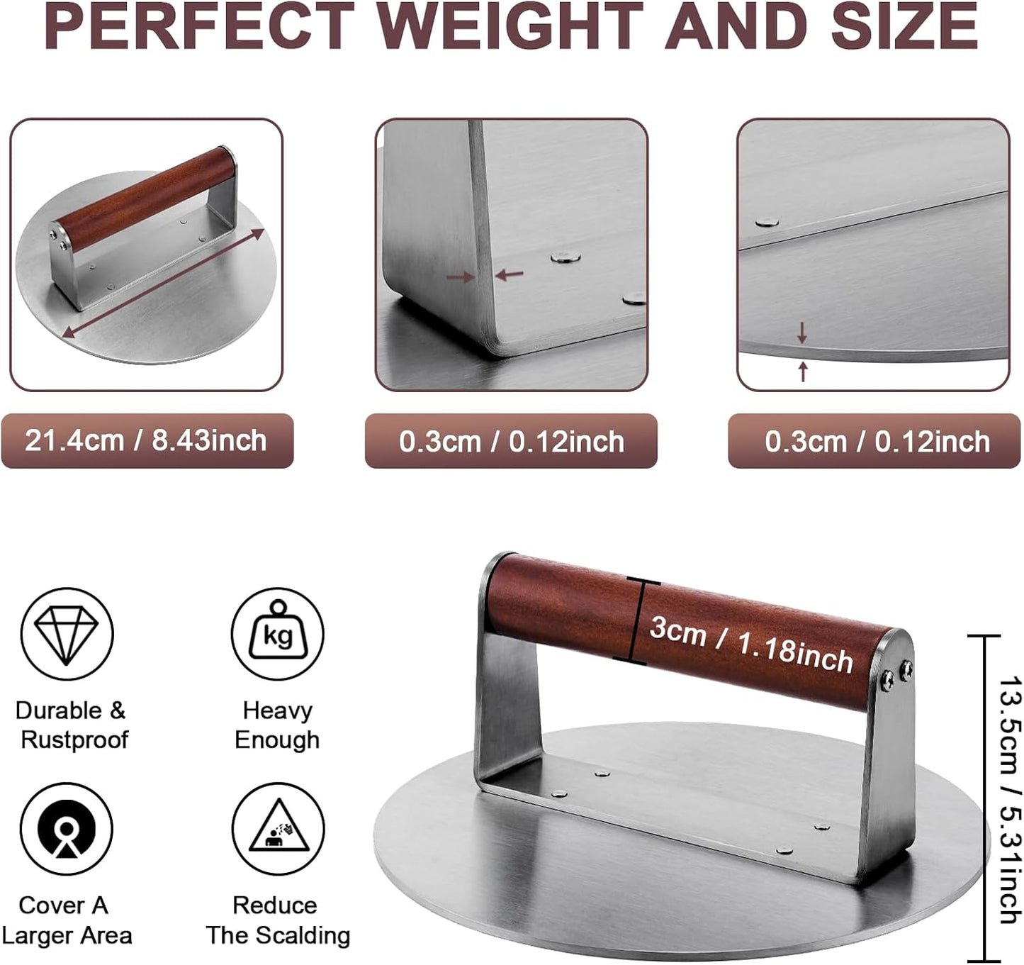 Stainless Steel Burger Press, 8.5" NonStick Hamburger Smasher Tool & Grill Press, 2.5 lbs Heavy Duty Bacon with Wood Handle for Blackstone Camp Chef Pitboss Weber Griddle Grills(Round)