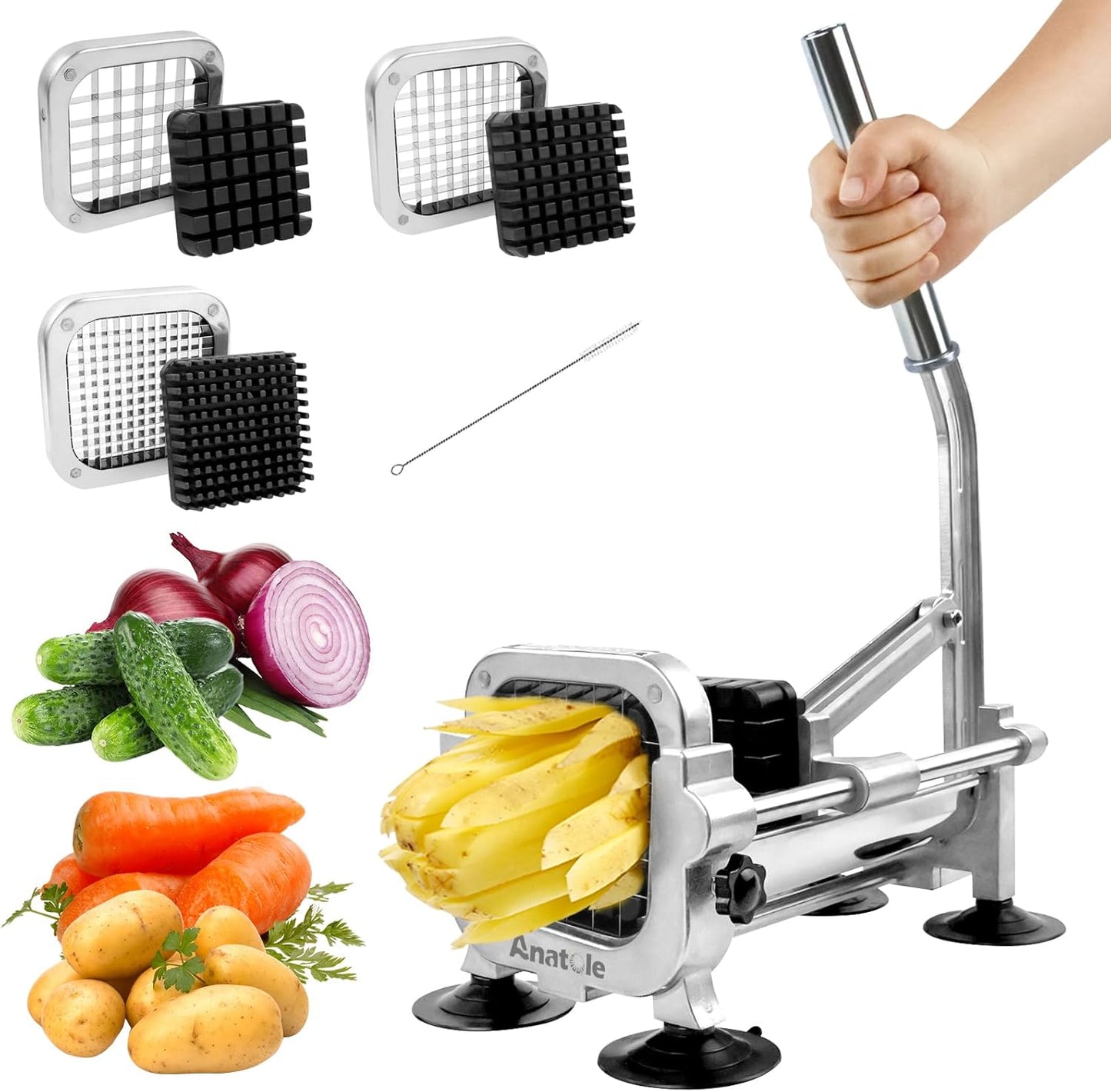 Anatole Professional French Fry Cutter Stainless Steel with 1/4'' 3/8'' 1/2'' Blades Manual Potato Slicer Veggie Chopper Homestyle Dicer for Onions Carrots Cucumbers