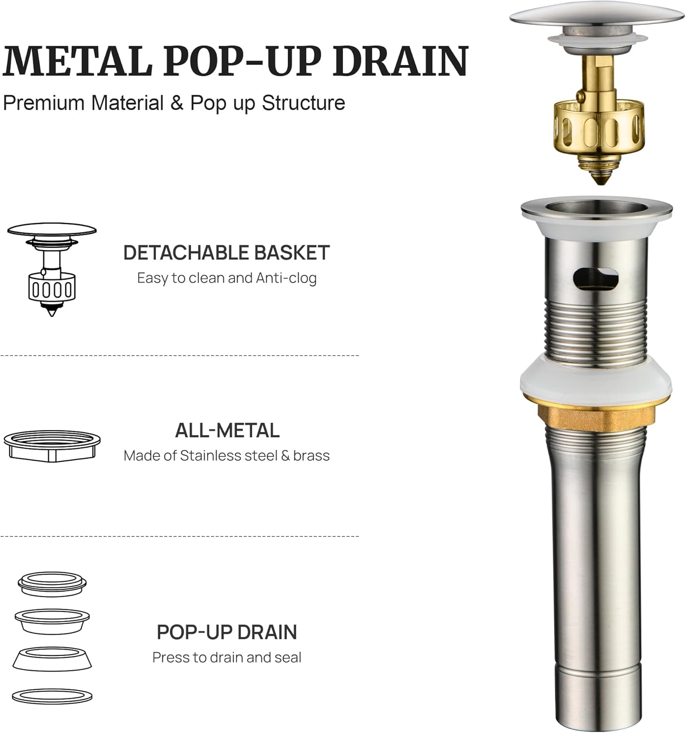 Pop up Sink Drain Stopper with Overflow Brushed Nickel for Bathroom Vessel Vanity Sink Art Basin，Big Cap Sink Drain with Overflow, Metal Pop-up Drain Strainer with Detachable Basket Stopper
