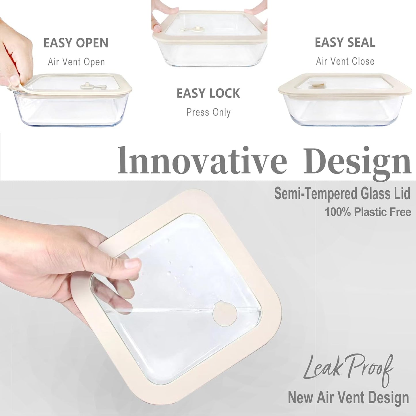 Urban Green Glass Food Container Set with Silicone Glass Lid, Large Size 3 Pack, Meal Prep Food Storage Containers with Airtight Lids, Leakproof, 100% Plastic Free, White color