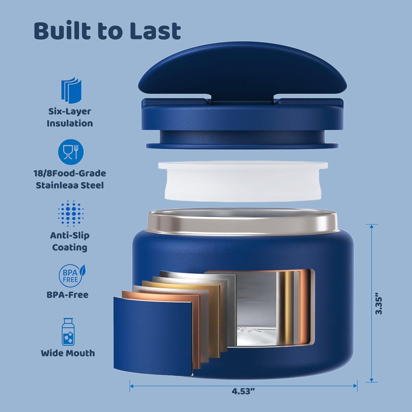 14.5oz Soup Thermo for Hot Food Kids Vacuum Insulated Food Jar Twist-Free Soup Thermo for Hot Food Kids Leakproof Stainless Steel Wide Mouth Lunch Container, Blue